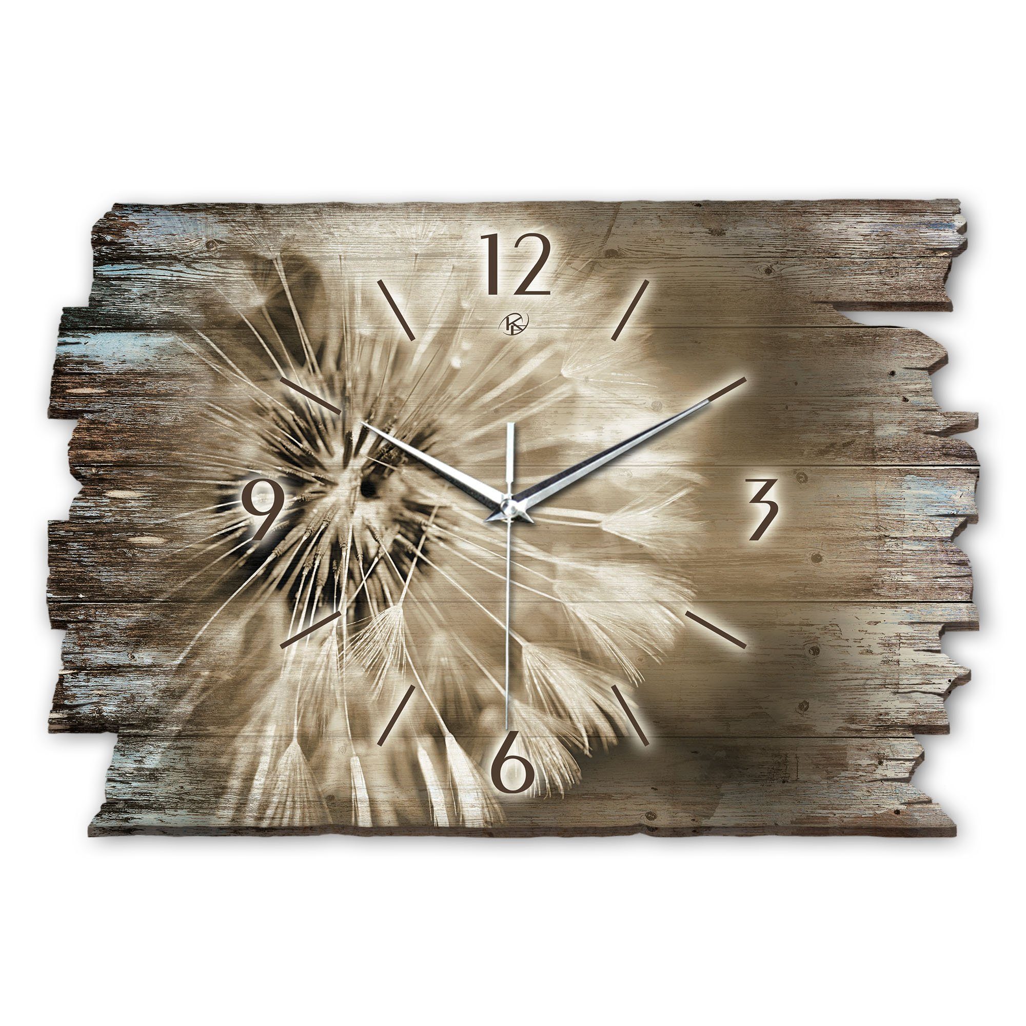 Kreative Feder Wanduhr Design-Wanduhr „Pusteblume“ aus Holz im Shabby Style Design (ohne Ticken; flüsterleises Uhrwerk; außergewöhnlich, modern)