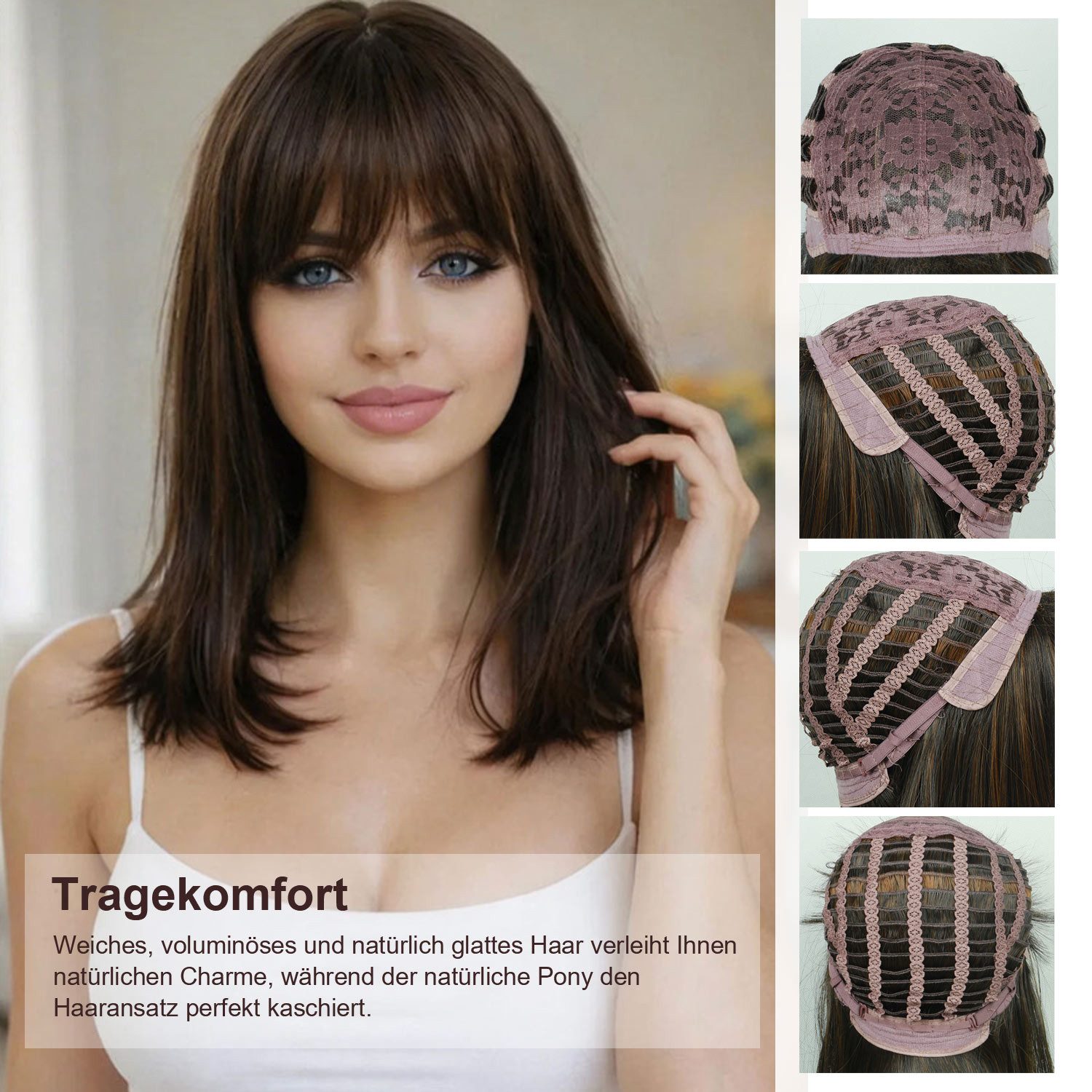 Refttenw Kunsthaarperücke 30 cm Perücke Damen Kurz mit Pony, Atmungsaktiv & Verstellbar, Schwarzbraun Komplettperücke für Style-Wechsel