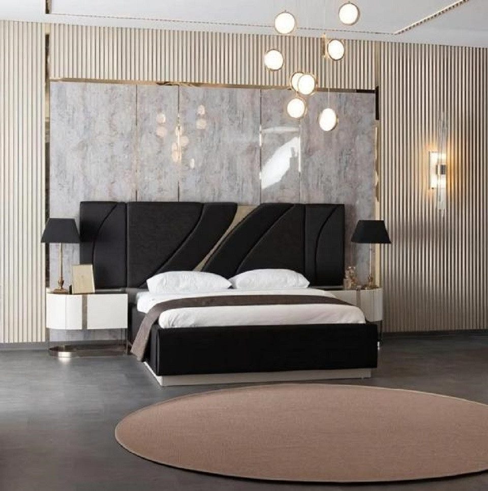 Schlafzimmer-Set Doppelbett mit Polster und verspiegelten Nachttischen