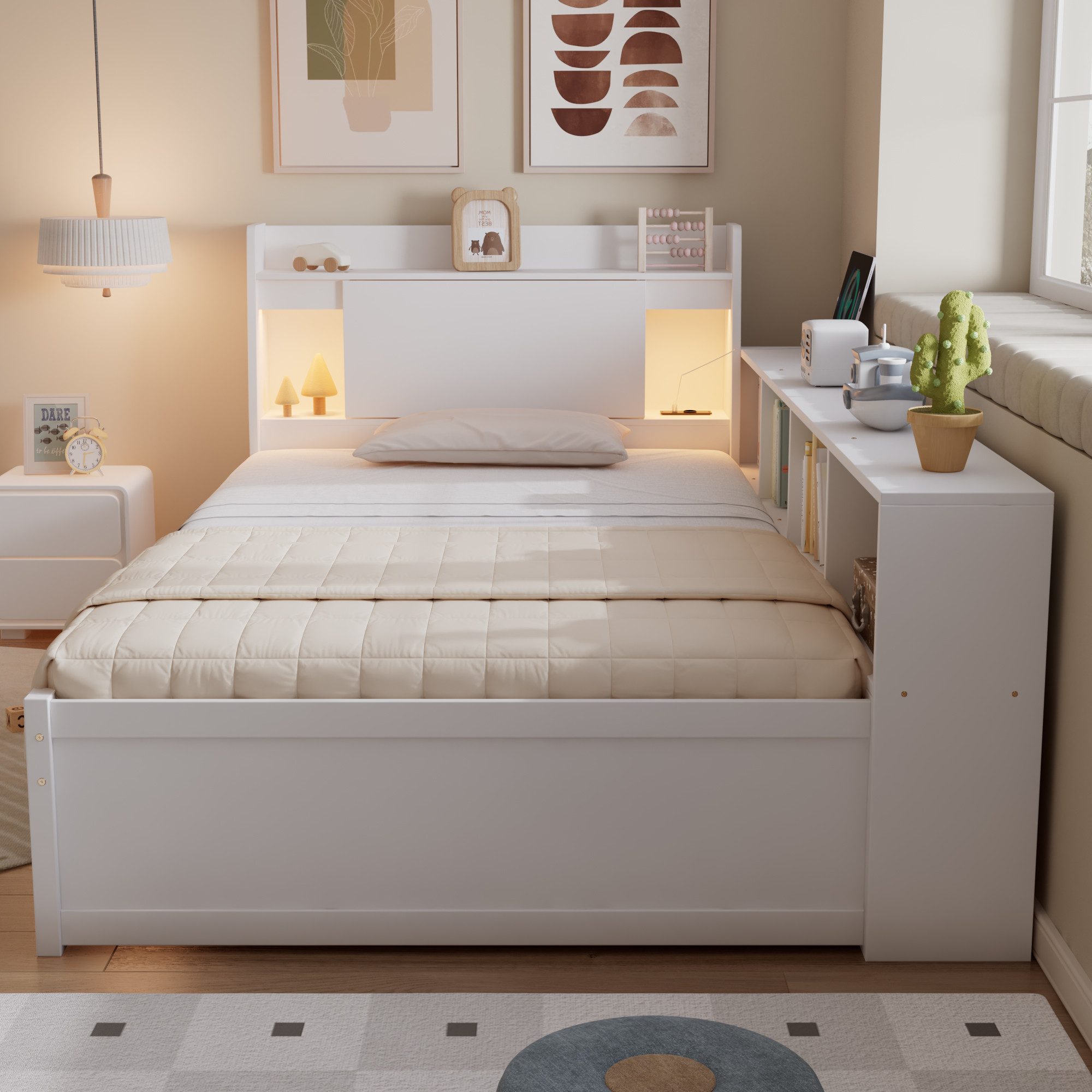 SOFTWEARY Stauraumbett (90x200 cm, Lattenrost, Schubladen, Regal, LED-Beleuchtung, Mehrfachsteckdose), Einzelbett, Holzbett, Jugendbett, Kiefer – Bild 4 von 5