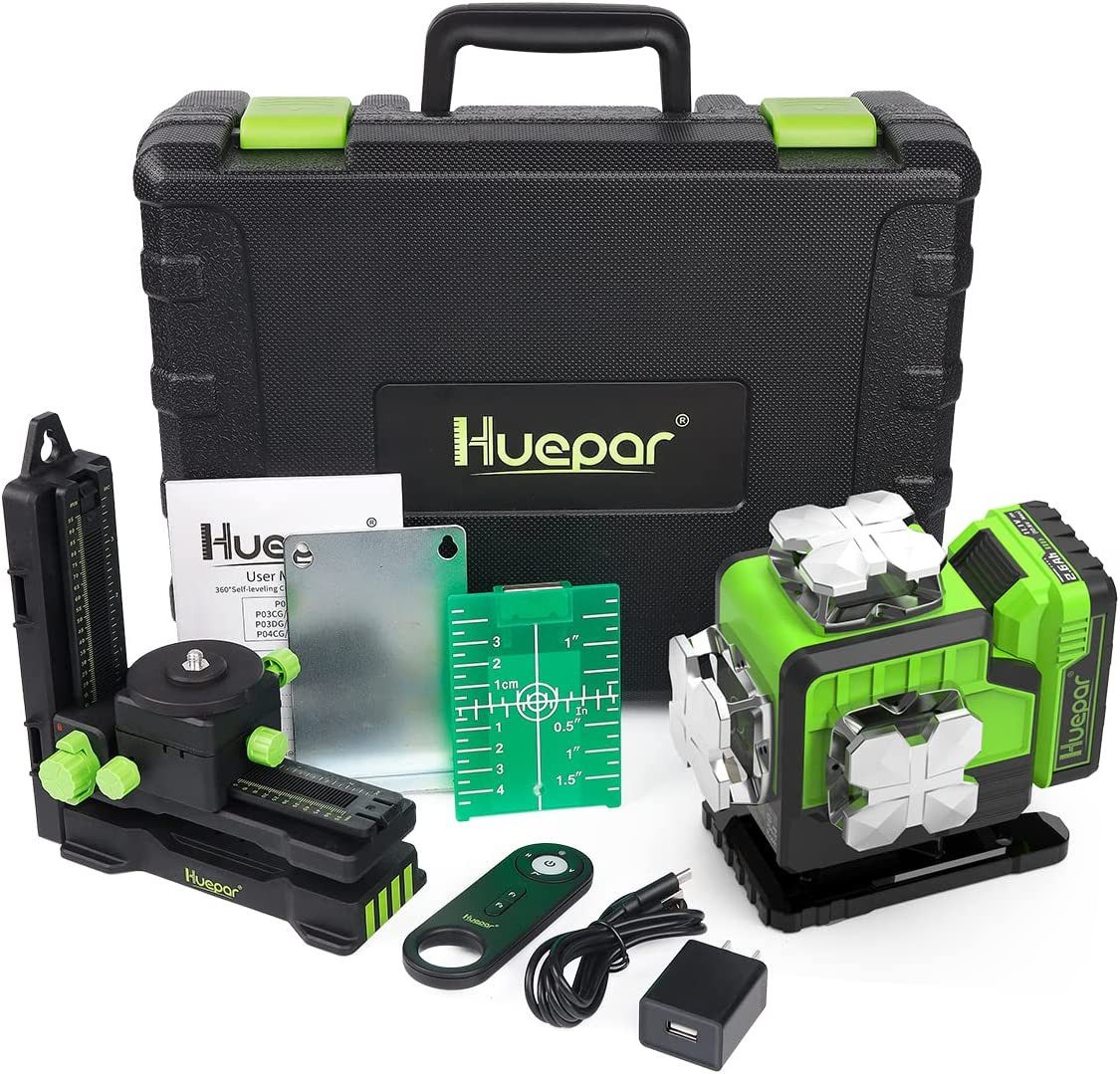 Huepar Kreuzlinienlaser Huepar P04CG 4D Kreuzlinienlaser mit Fernbedienung im Koffer