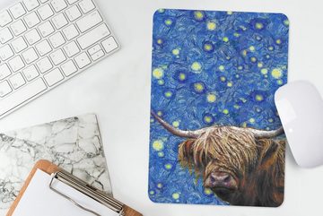 MuchoWow Mauspad Van Gogh - Schottischer Highlander - Sternennacht (1-St), Gaming, Mousepad, Büro, 18x27 cm, Mausunterlage