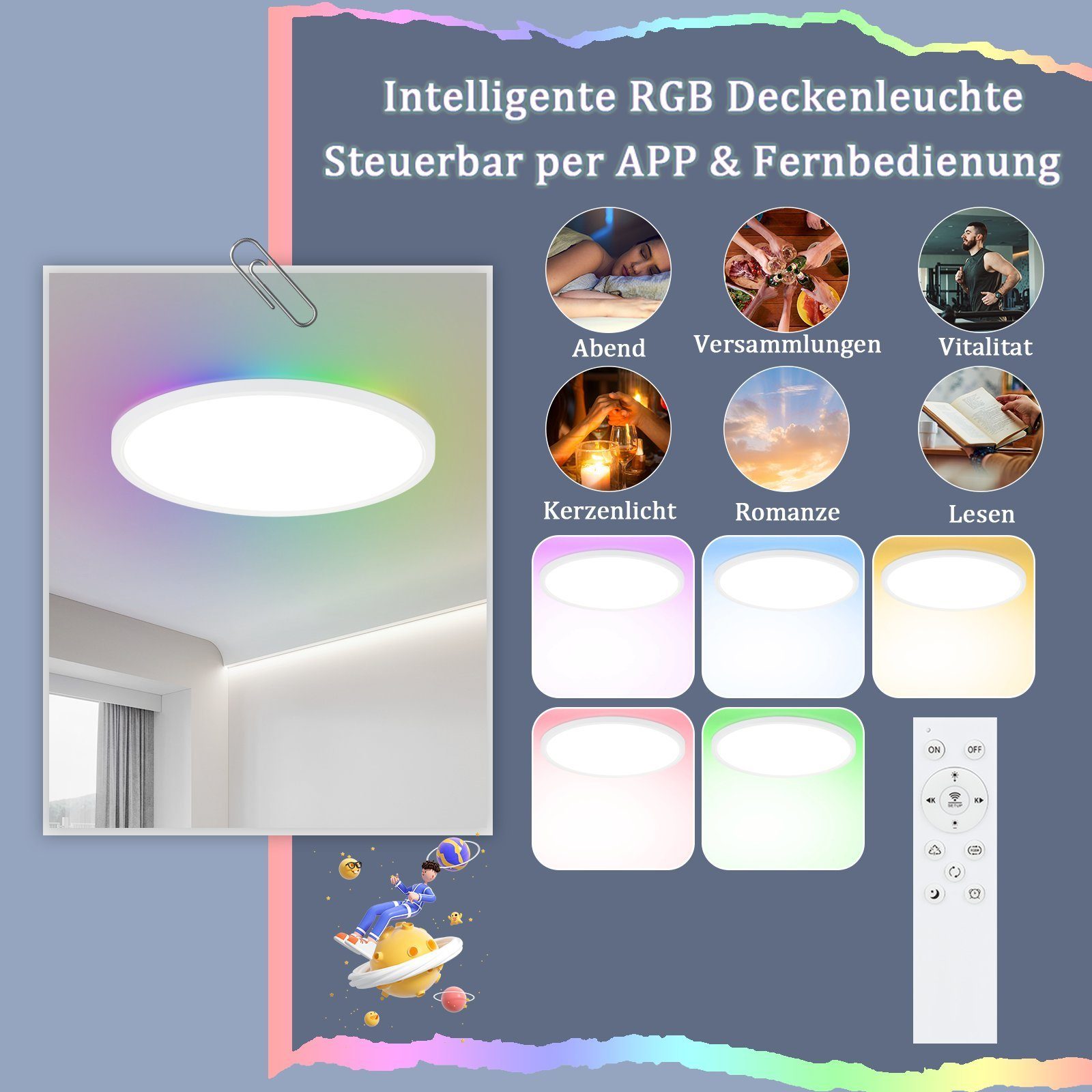 ZMH LED Deckenleuchte Sternenhimmel RGB 2700k-6500k, Flach Hintergrund Eckig Dimmbar Tageslichtweiß