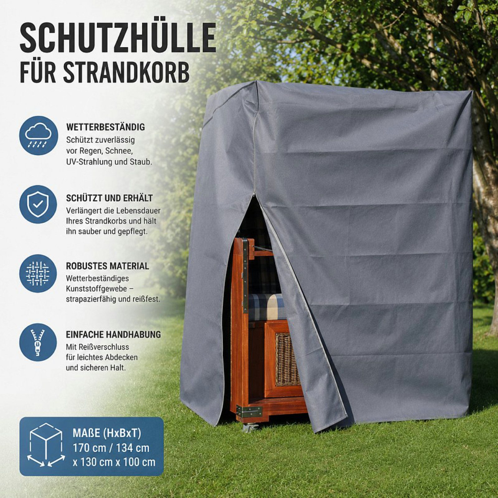 Haushalt International Strandkorb-Schutzhülle Abdeckung Schutzfolie Schutzplane 170x13x100cm (Stück, 1-St., Packung), Polyester, Wetterbeständig, Grau, Reißverschluss