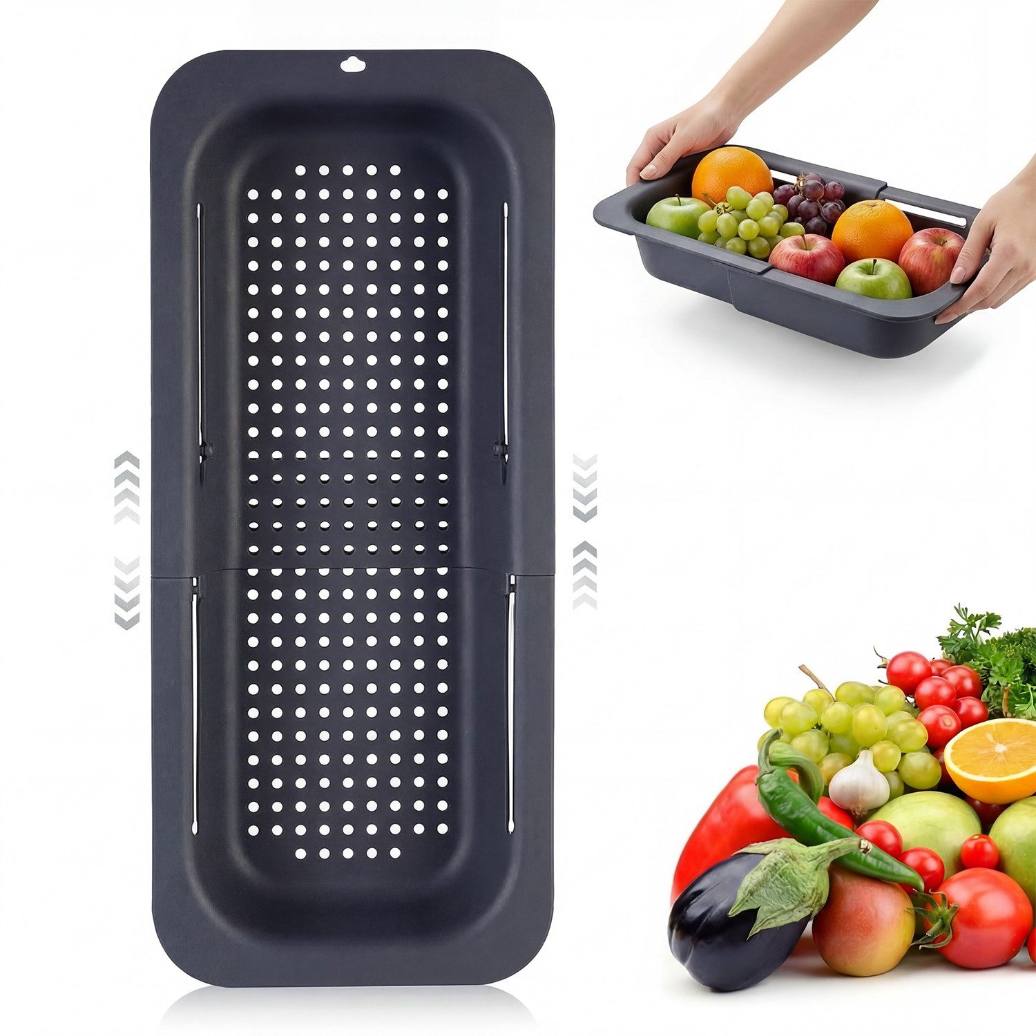 MOPUEA Küchensieb Küchensieb Sieb Ausziehbares Abtropfsieb Verstellbarer Sink Strainer, (pp, sicher, ungiftig, hitzebeständig bis 100°C, 1-St., löcher sorgen für schnelles ablaufen, hygienisch), länge 34–48 cm, flexibel, passend für spül