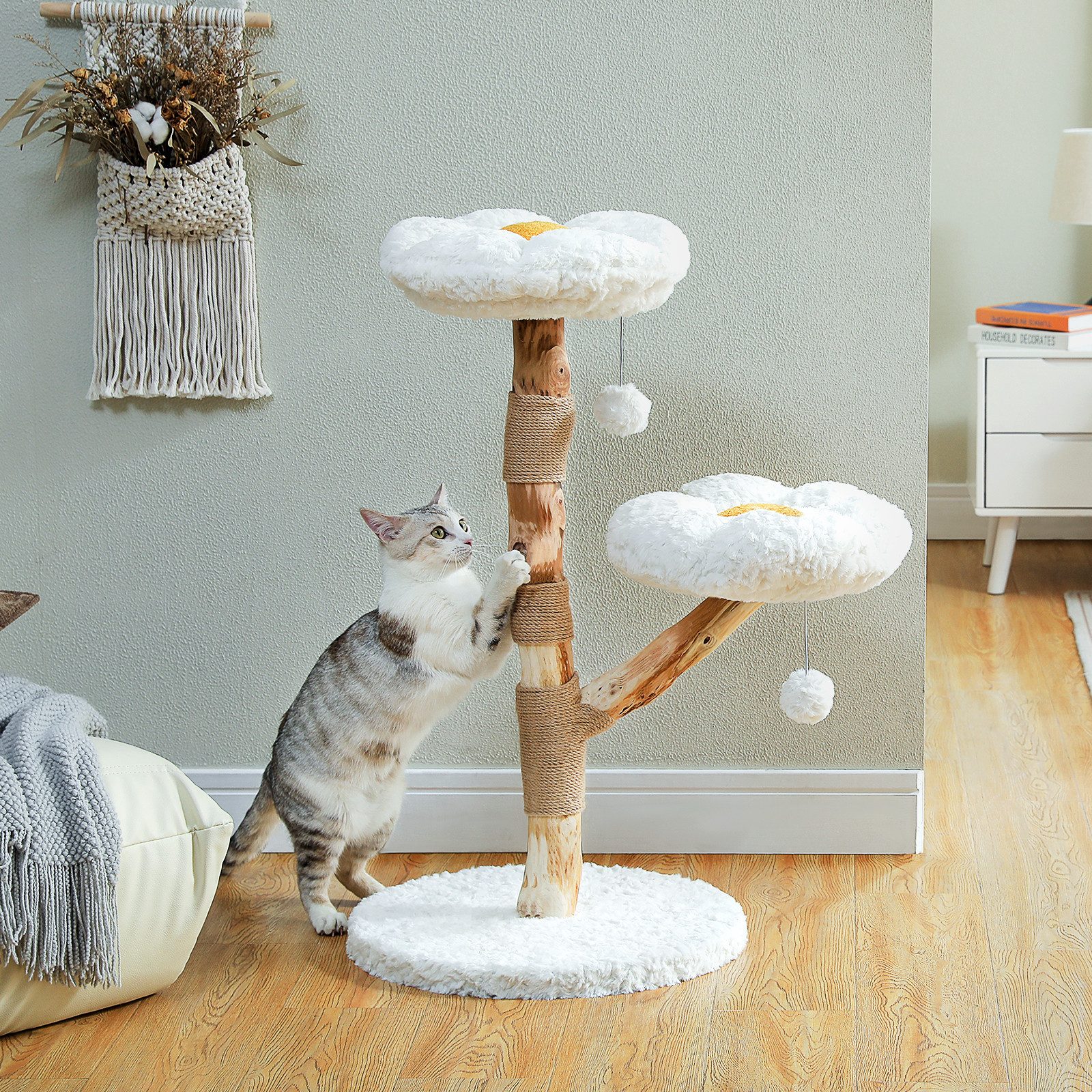PETEPELA Kratzbaum 90cm Moderner Holz Blumen Kratzbaum, luxuriöse Katzenmöbel mit Holz, Katzen-Kletterturm für Wohnungskatzen