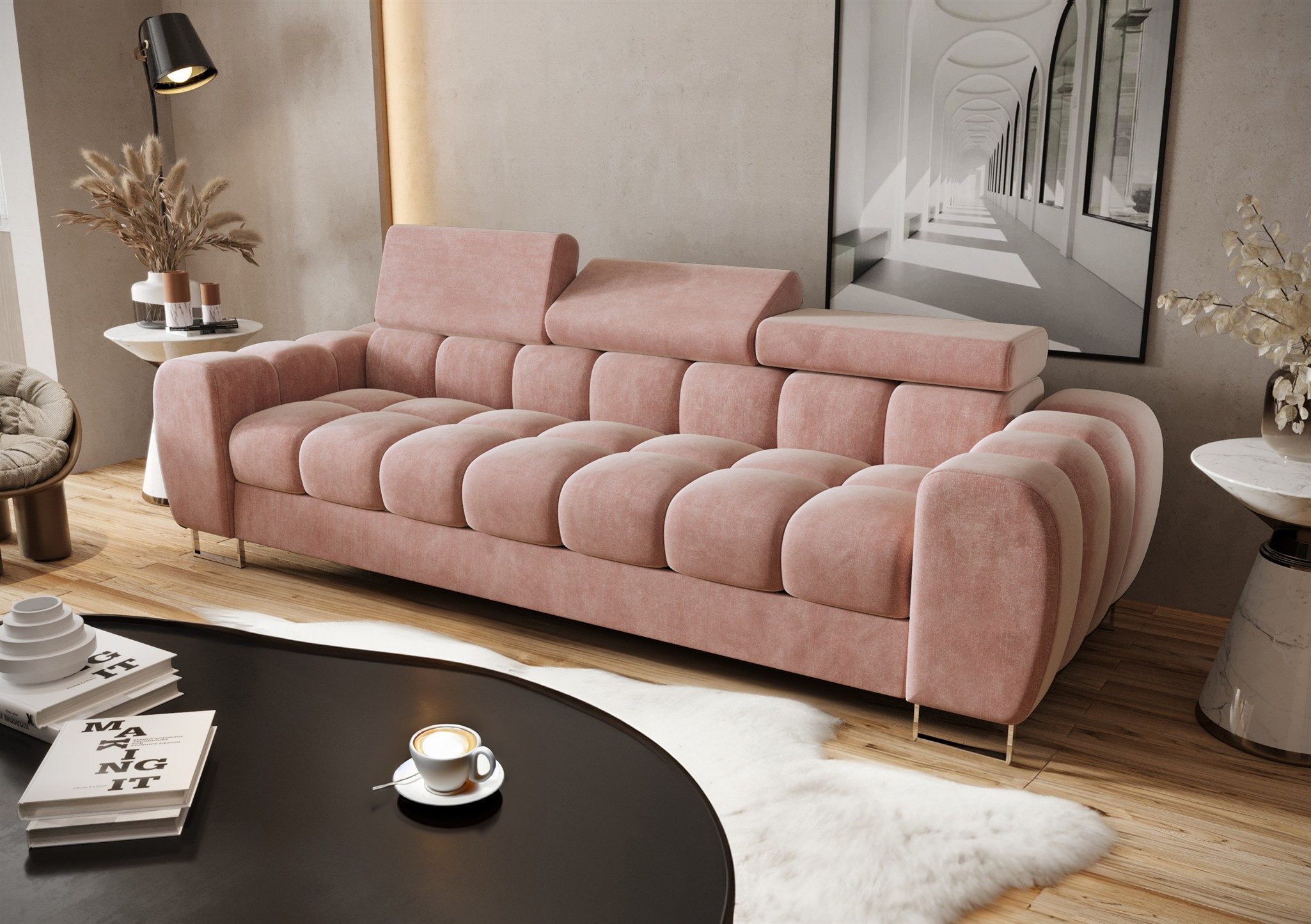 Fun Möbel 3-Sitzer Designersofa Sofa BASTIEN in Stoff, mit 3 einstellbaren Kopfstützen, Rundumbezug