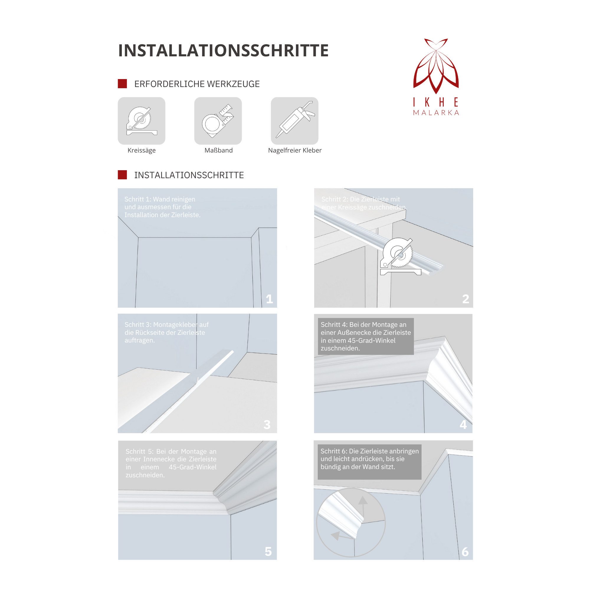 IKHEMalarka Deckenleiste 100 cm – Zierleisten - dekorative Stuckleisten für Wand & Decke, Montagekleber - Pattex DK Flex 1000, 4 Designprofile zur Auswahl, Einz – Bild 5 von 5