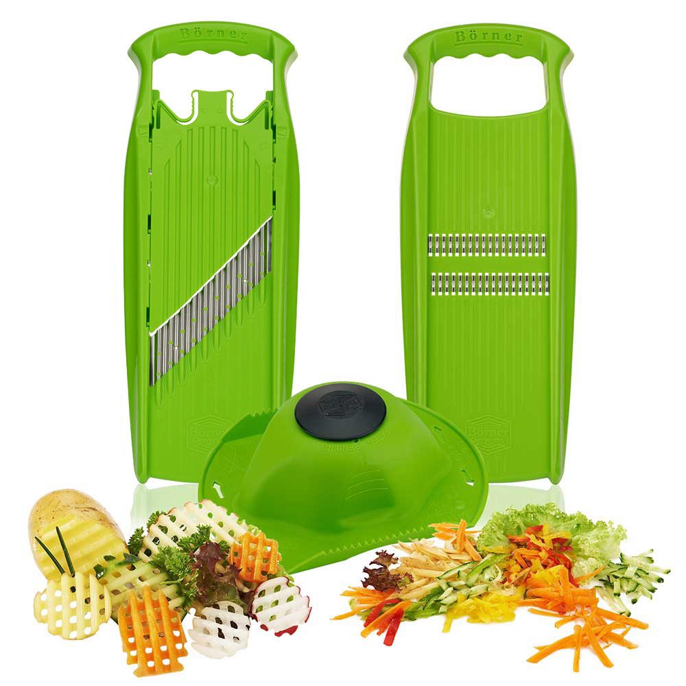 Börner Küchenreibe Rohkost Reiben-Set 3-teilig, ABS Kunststoff BPA frei und Edelstahl, (Wellenhobel und Julienne Reibe mit Fruchthalter, 3-St), Frei von Weichmachern und BPA.