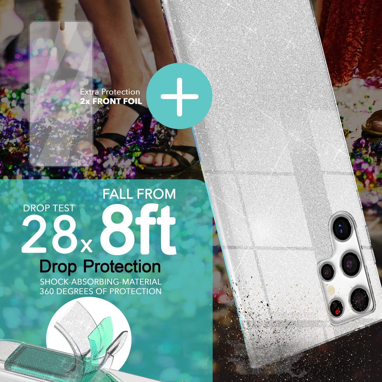 Nalia Smartphone-Hülle Samsung Galaxy S23 Ultra 17,3 cm (6,8 Zoll), Glitzer Silikon Hülle / 2x Displayschutz / Innen Verstärkt / Stoßfest