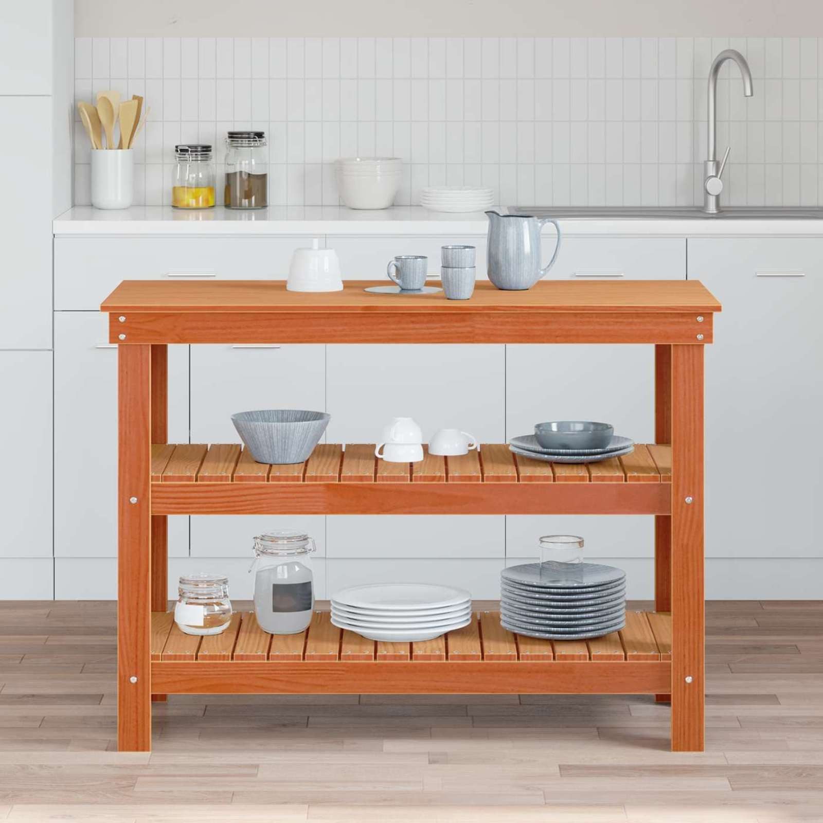 vidaXL Werkbank Werkbank mit Regal 110,5 x 50 x 80 cm Massives Kiefernholz, (1-tlg)