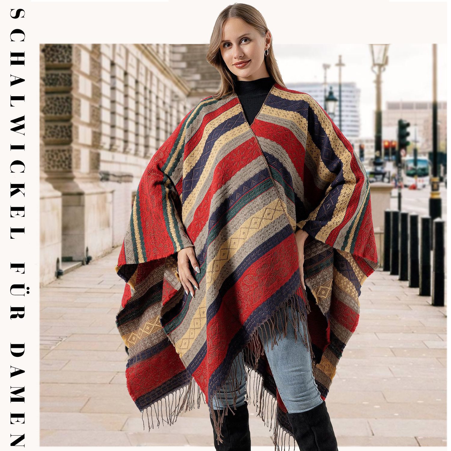 Refttenw Halstuch Damen Poncho mit Quaste 160x135CM Winterschal Übergroße Umhang