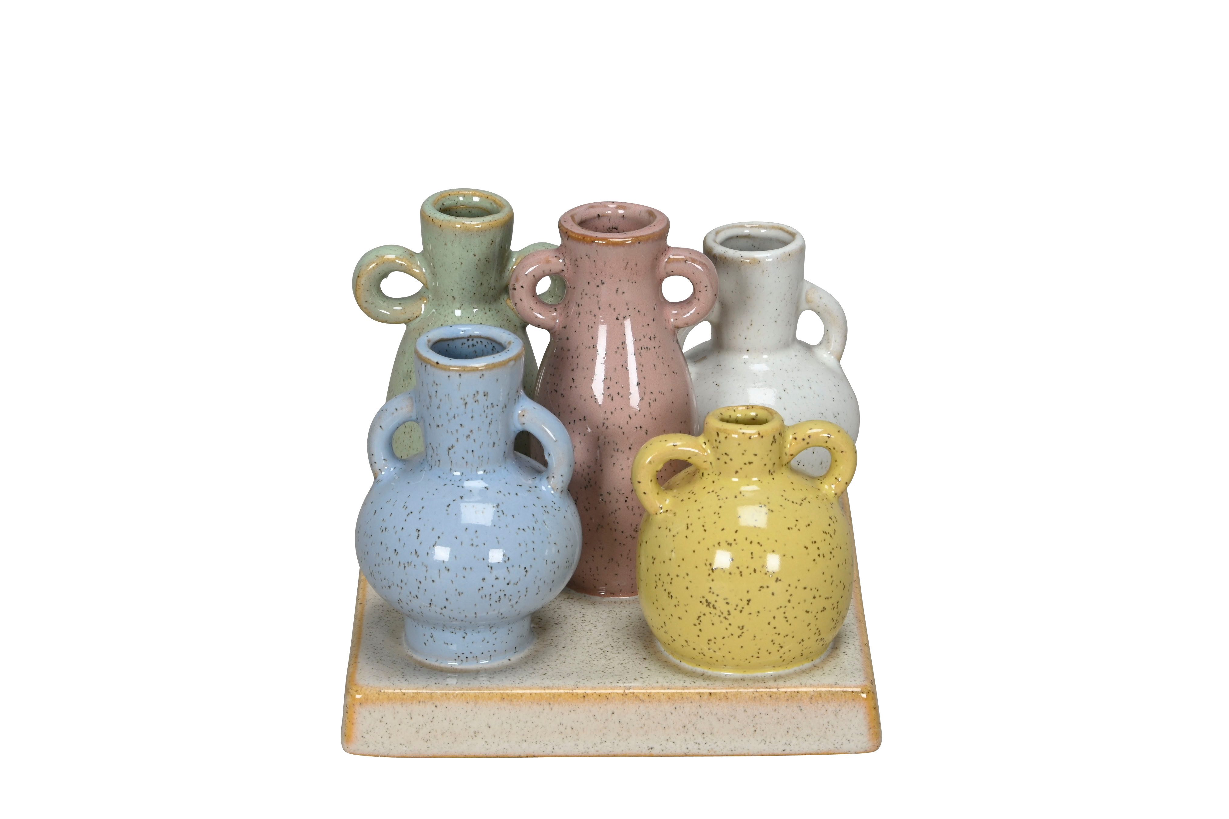 Posiwio Tischvase Keramik Vasen Set 5-teilig auf rechteckiger Platte – Mini Deko Vasen