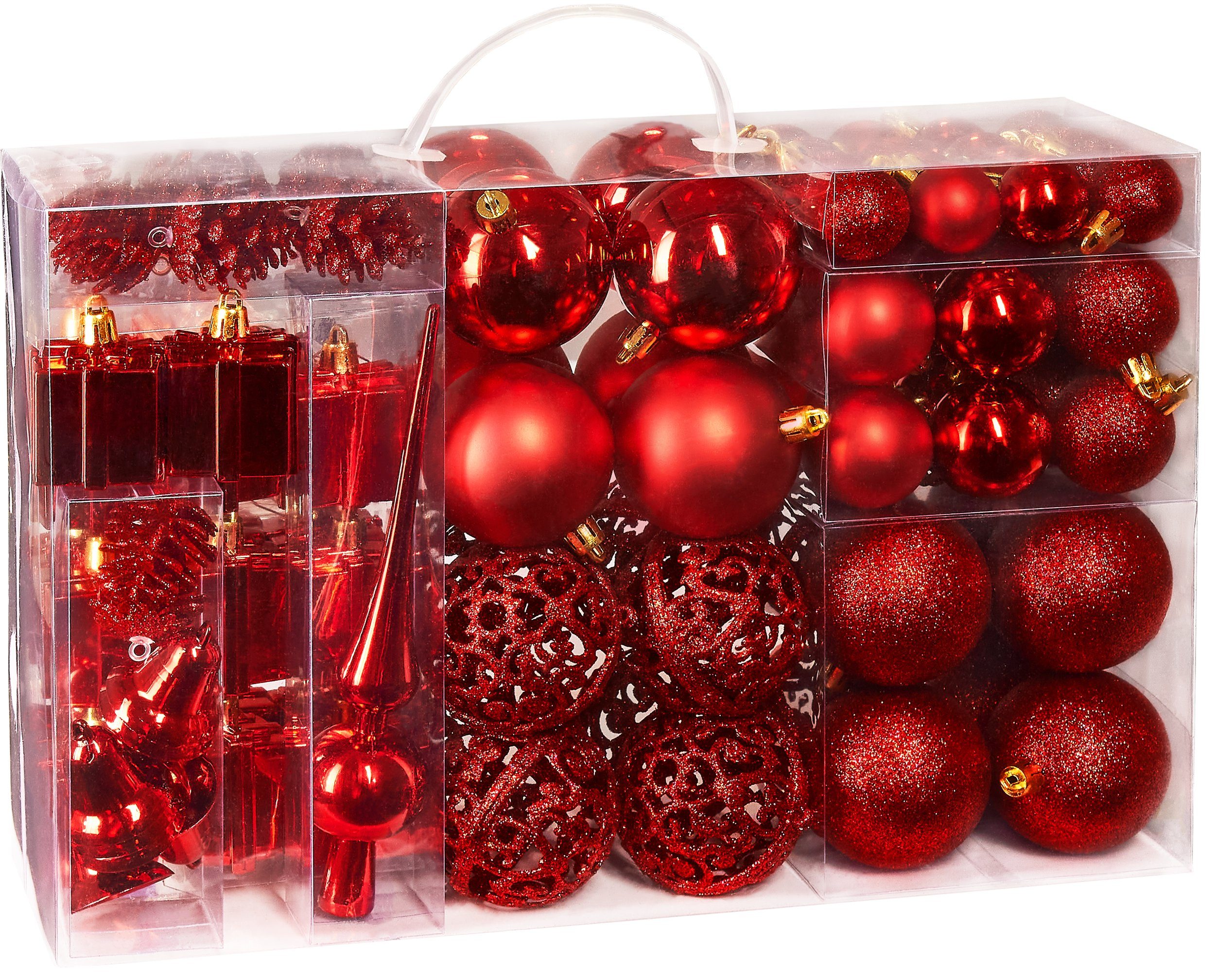 BRUBAKER Weihnachtsbaumkugel 101-teiliges Weihnachtskugel-Set mit Baumspitze, Christbaumschmuck aus Kunststoff, Weihnachtsdekoration edel und robust Rot
