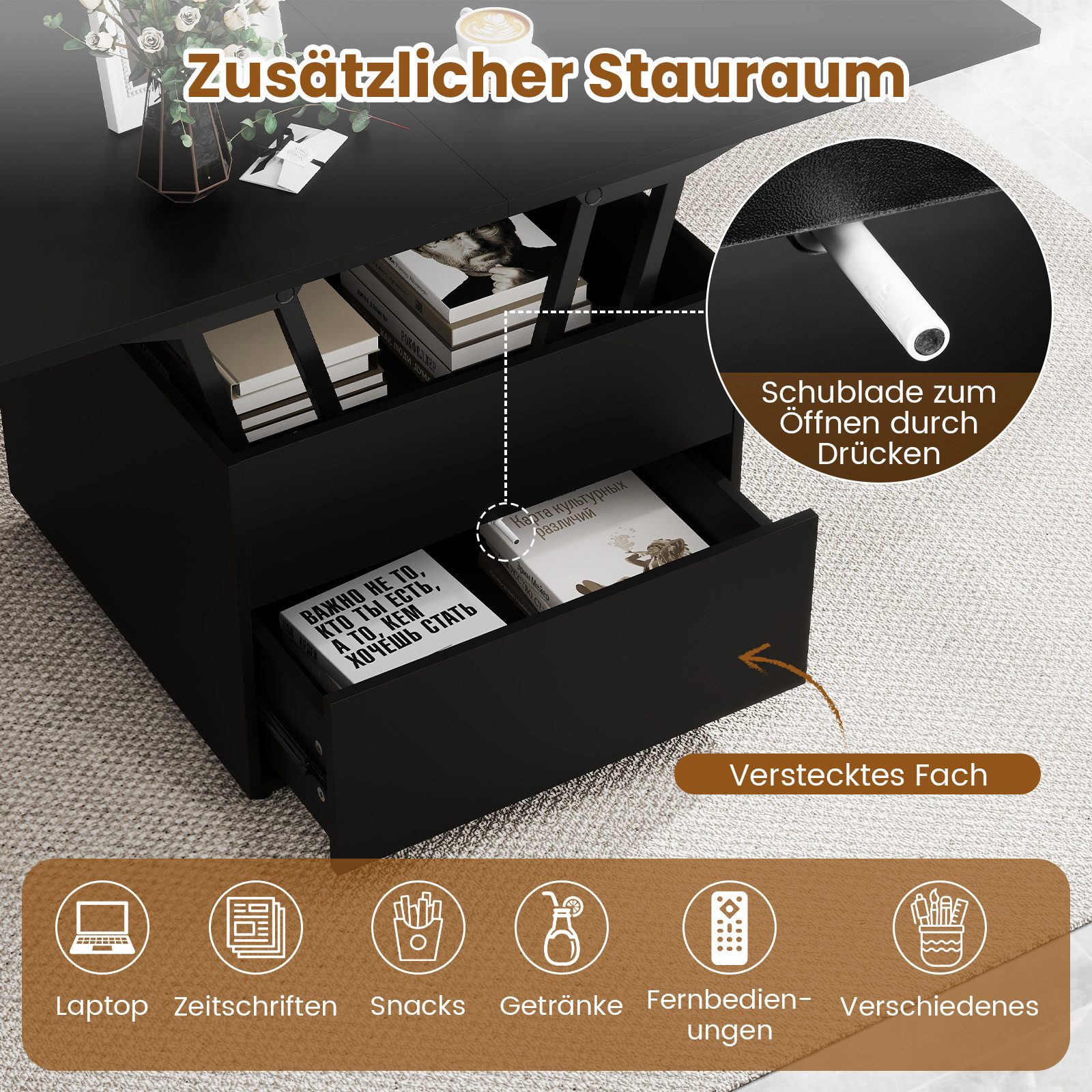 COSTWAY Couchtisch umwandelbar höhenverstellbar mit Schublade, Rollen, Stauraum – Bild 4 von 5