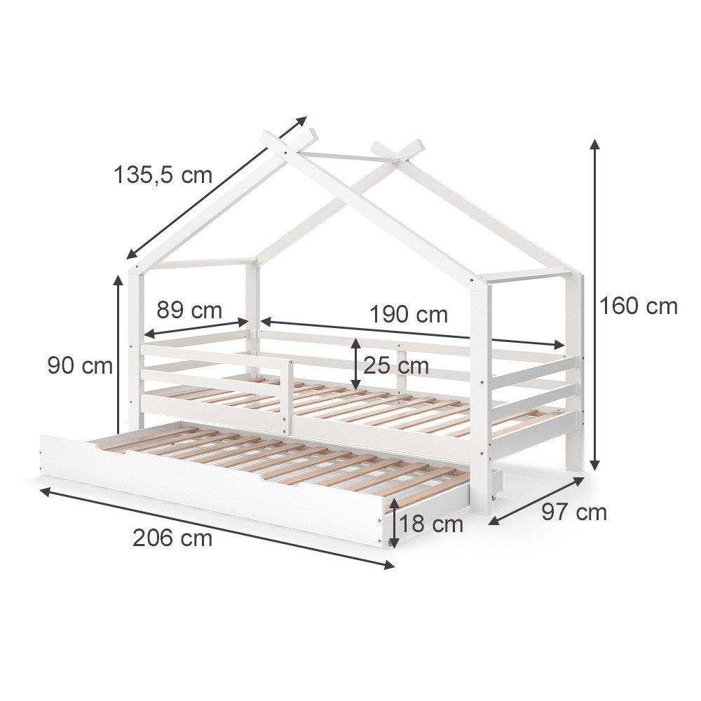 VitaliSpa® Luni House Bed, White, 200 x 90 cm with Guest Bed and Mattress (1-piece)
