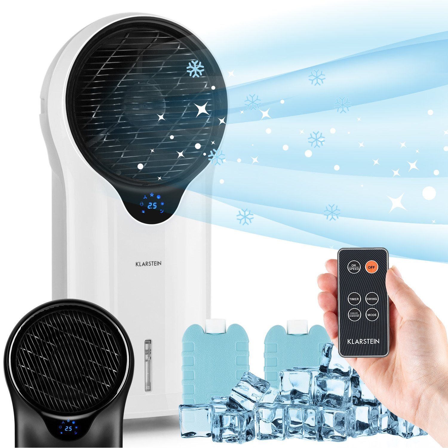 Klarstein Ventilatorkombigerät mit Wasserkühlung Weiß Eis mobil Luftkühler, Whirlwind ohne Klimagerät 3-in-1 Abluftschlauch &