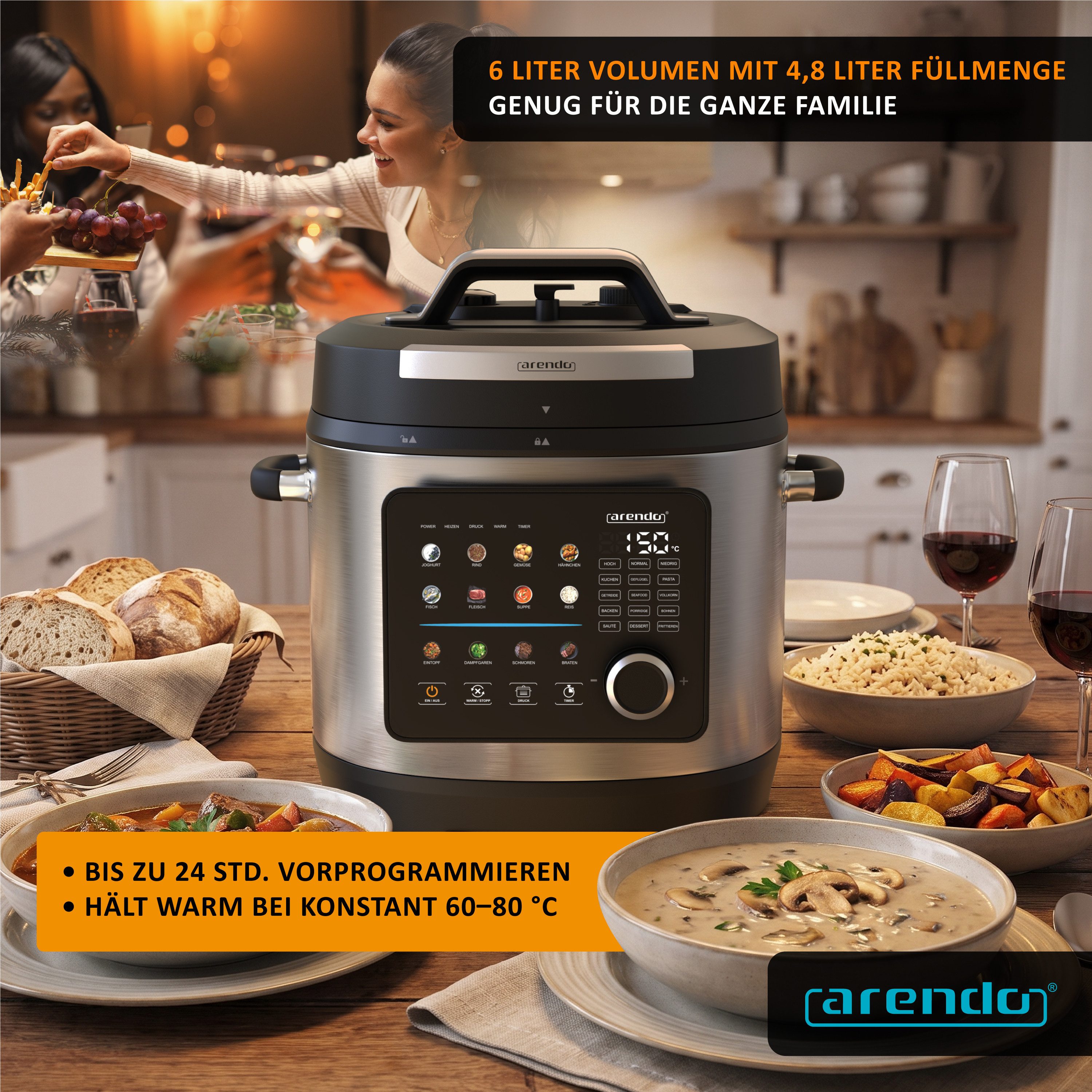 Arendo Multikocher Schnellkochtopf 6 Liter elektrisch, 24 Programme, Touch & Drehknopf, 1000 W, 6 l Schüssel, 3 Druckstufen, 24-Stunden-Timer, Warmhaltefunktion – Bild 5 von 5