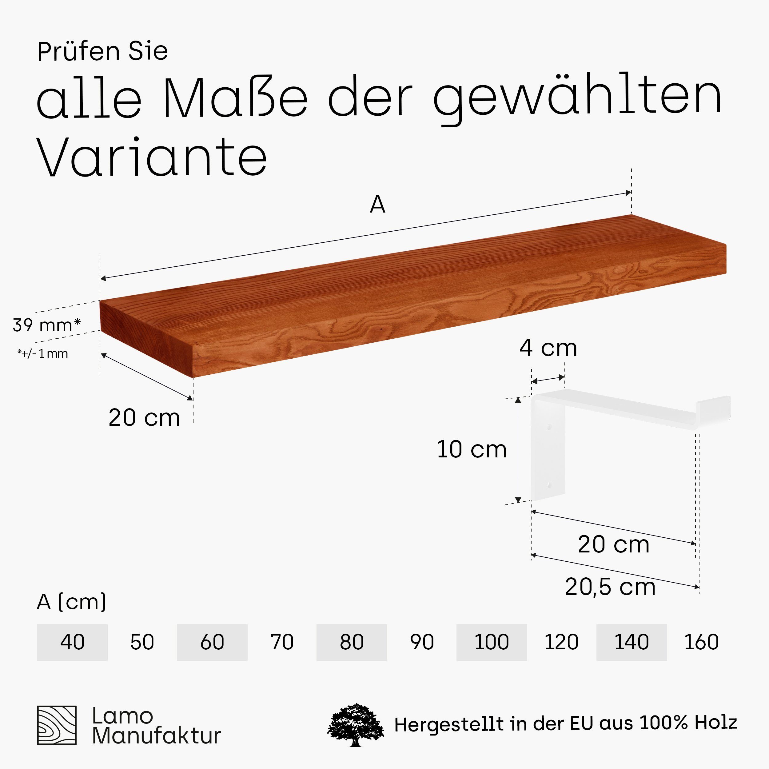 Original, LAMO Manufaktur 40mm Komplett-Set, Massivholzplatte Dunkel stake Wandregal