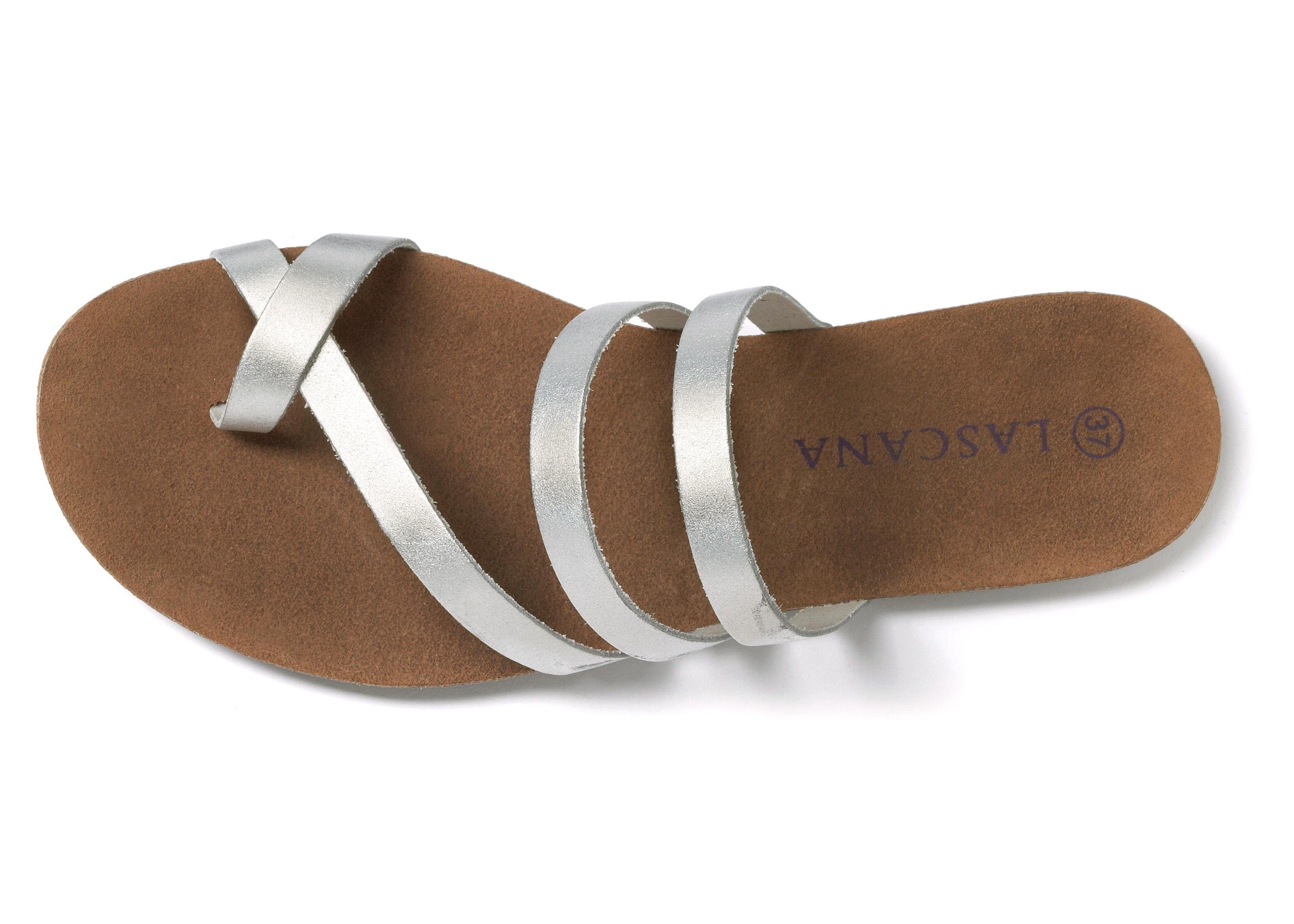 LASCANA Sommerschuh, Sandale, offener Schuh, Pantolette, Zehentrenner aus Leder im Metallic-Look