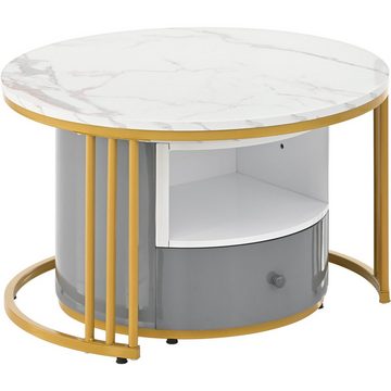 EXTSUD Couchtisch Couchtisch-Set mit goldfarbenem Metallrahmen und Marmormuster, Beistelltisch mit Metallgestell weißer moderner Schachteltisch