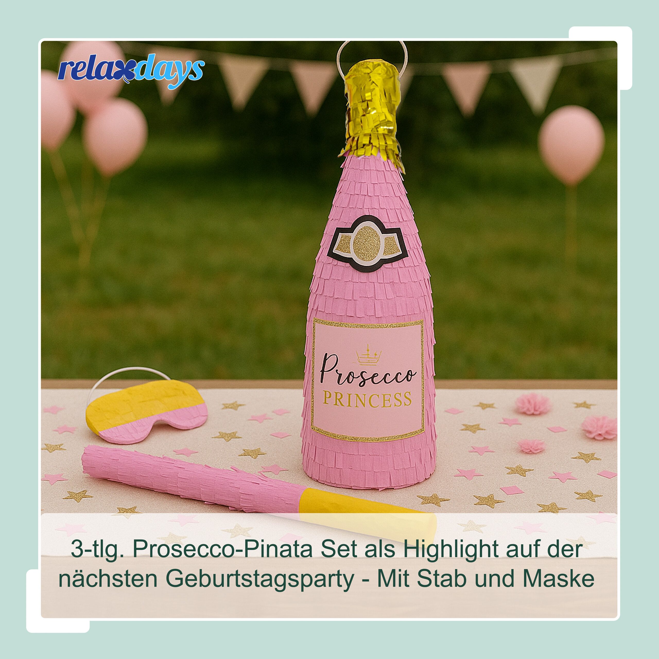 relaxdays Pinata Set Sektflasche mit Stab & Maske – Bild 2 von 5