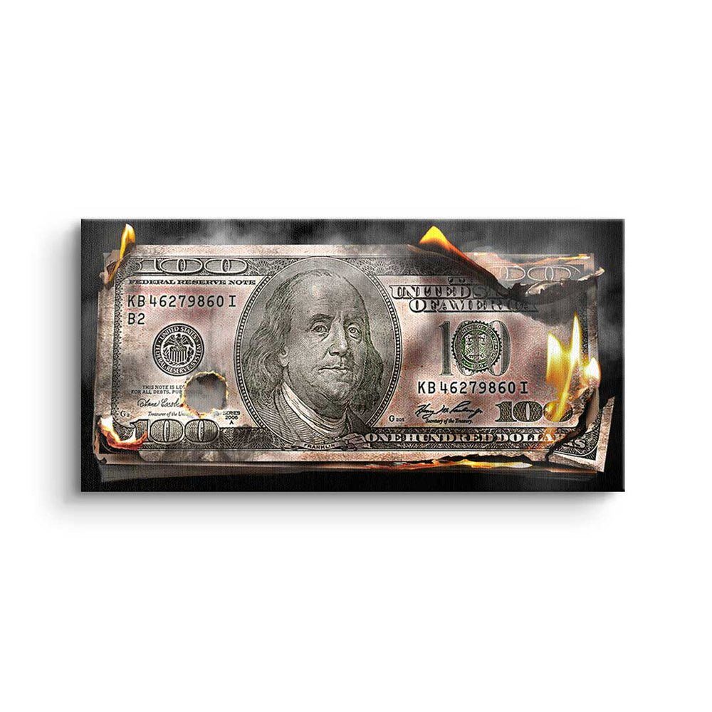 Burning - Moneymaker Premium Leinwandbild, Wandbild- ohne DOTCOMCANVAS® Bill Rahmen 100 Dolllar