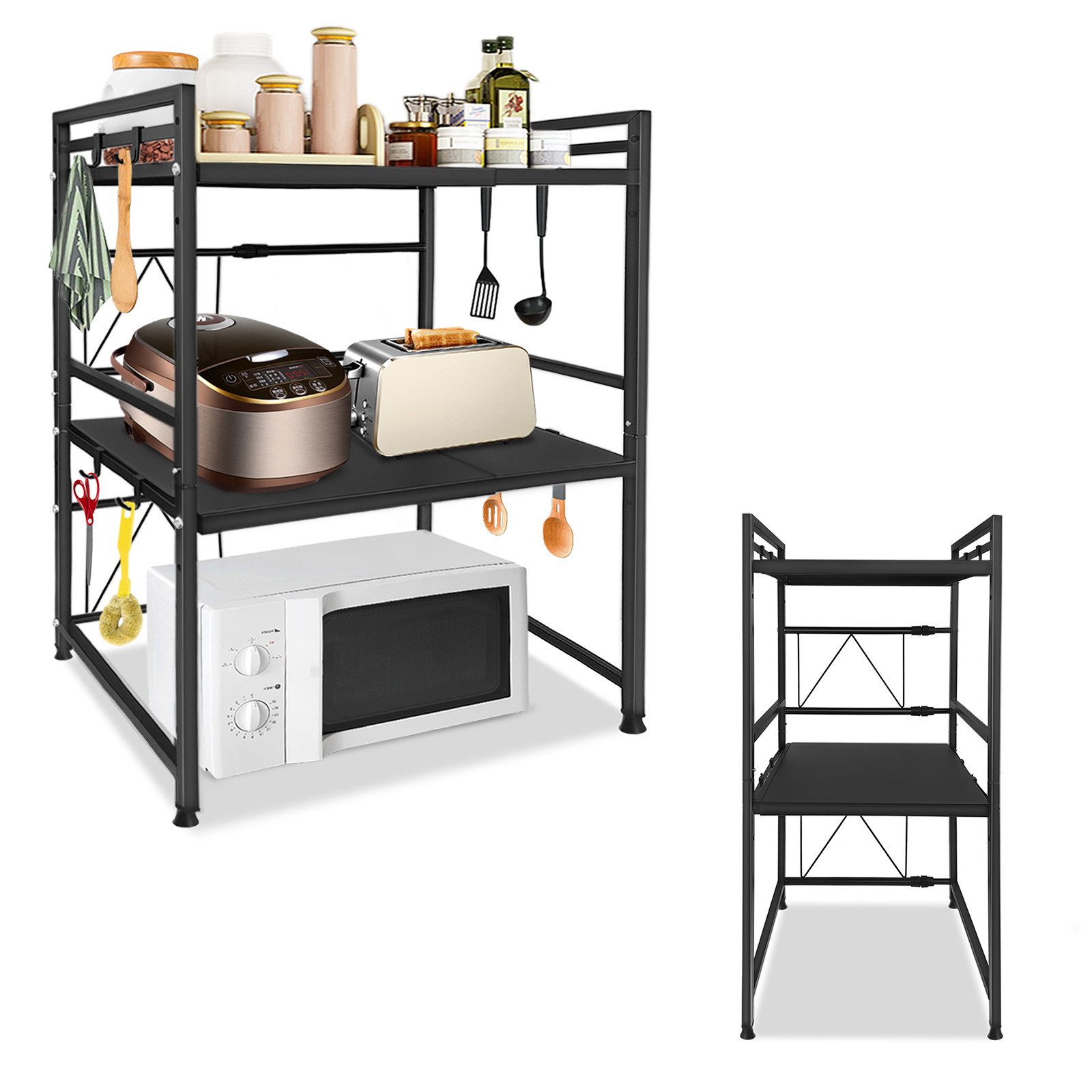 FIVMEN Küchenregal Mikrowellen Regal 3 Stufiges Ausziehbares Mikrowellenregal Küchenregal, Mikrowellenständer Mikrowellenhalter Küchenorganizer ständer, Schwarz