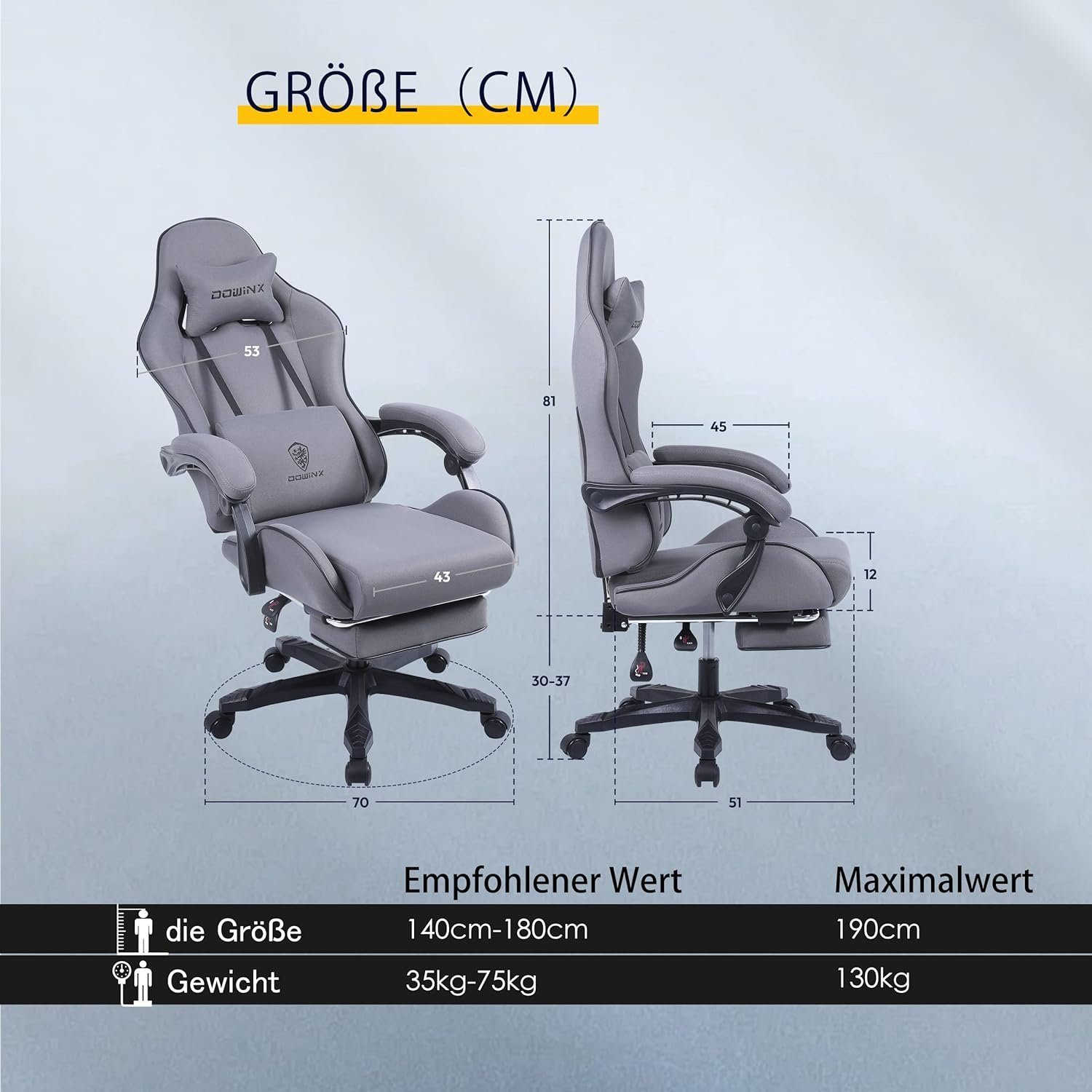 Dowinx Gaming-Stuhl (Ergonomischer Verstellbarer Ergonomischer Burostuhl,Schreibtischstuhl Taschenfederkissen Mit Sitz), Fußstütze Sessel mit Stuhl Gaming