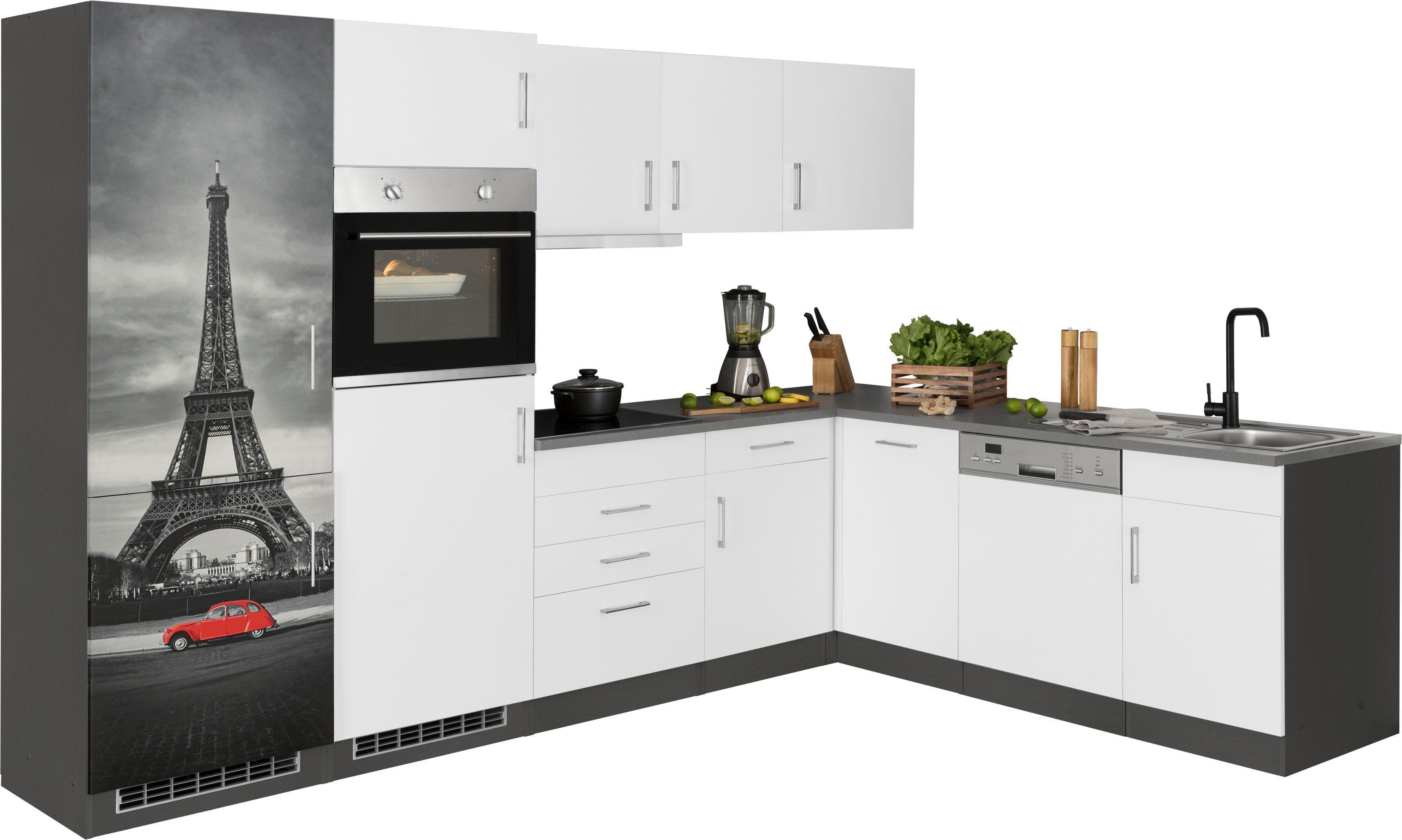 KOCHSTATION Küchenzeile KS-Paris – Küchen mit einzigartigen Fotomotiven auf den Fronten, Stellbreite 290/220 cm, wahlweise mit E-Geräten und Induktion