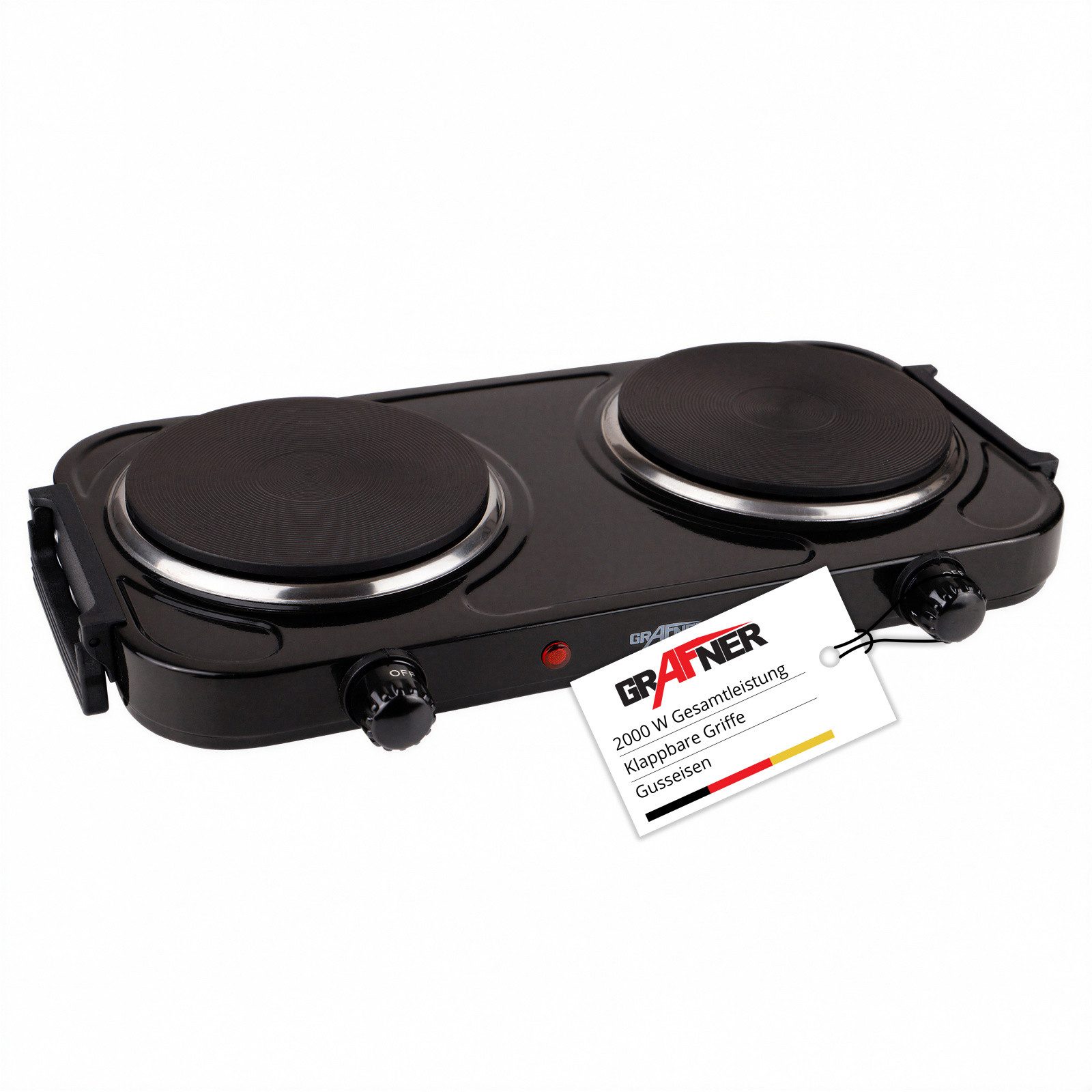 Grafner Doppelkochplatte Grafner® 2000 Watt mit klappbaren Griffen Schwarz, Mobile Herdplatte, Überhitzungsschutz, 2000 Watt