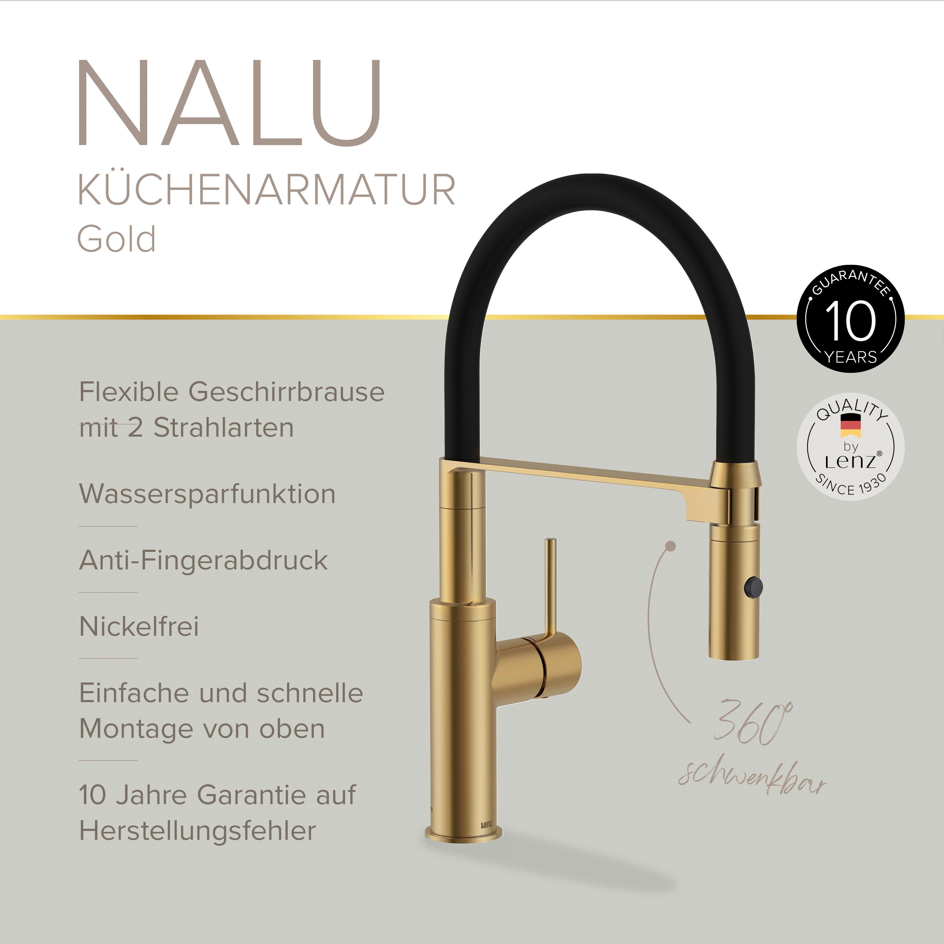 Lenz Küchenarmatur NALU Flexible Pendelbrause mit 2 Strahlarten