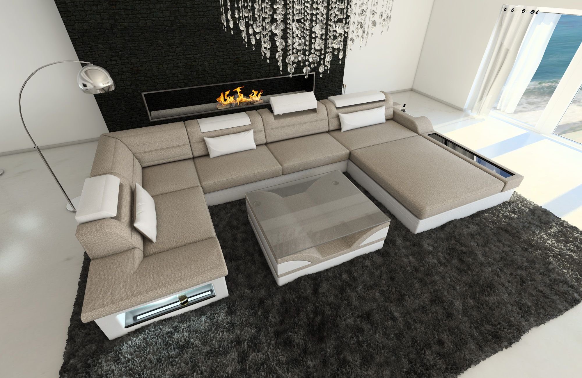 Sofa Dreams Wohnlandschaft Polster mit LED, als U Couch Form Sofa wahlweise Mezzo Bettfunktion Stoff Stoffsofa, Designersofa Schlafsofa, Warmgrau-Weiss H4 mit