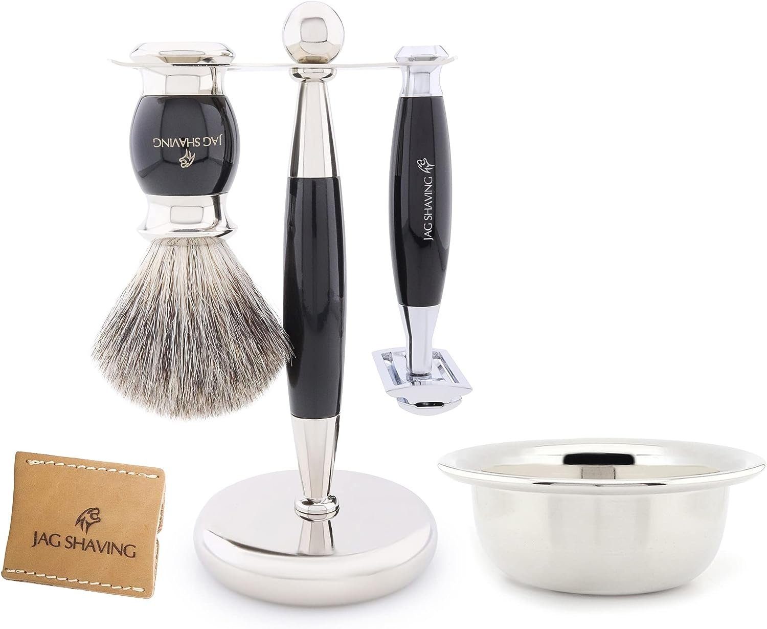 JAG SHAVING Rasierpinsel-Set JAG Shaving LEE Rasierset, 5-teilig, Premium-Rasierset für Herren, Set, 5 tlg., Rasierset mit zusätzlichem Rasierzubehör für eine klassische Rasur., Herrenrasierer, Rasierpinsel, Rasierschale, Doppelständer, LederHülle
