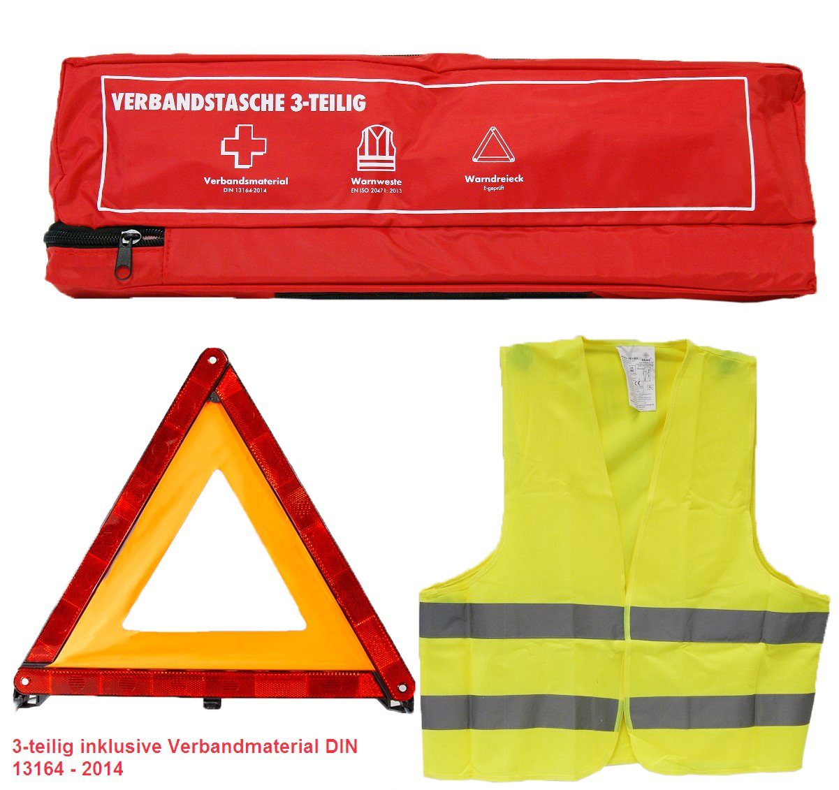 Steelboxx Arzttasche KFZ Verbandkasten 3-teilig: Verbandtasche / Warndr  (Spar Set, 3-tlg), Kfz Sicherheitsset 3-teilig Warnweste / Warndreieck /  Verbandstasche inkl. Verbandmaterial nach DIN 13164 - 2014