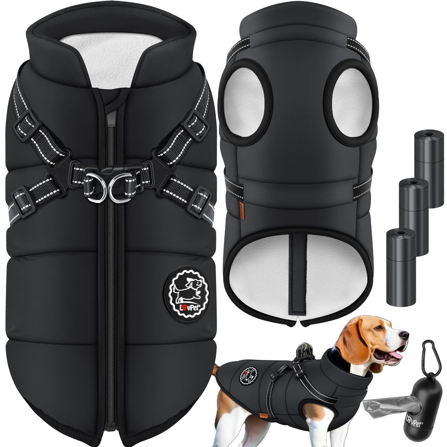 Lovpet Hundejacke, Hundemantel mit Geschirr, inkl. 45 Stück Kotbeutel +Spender