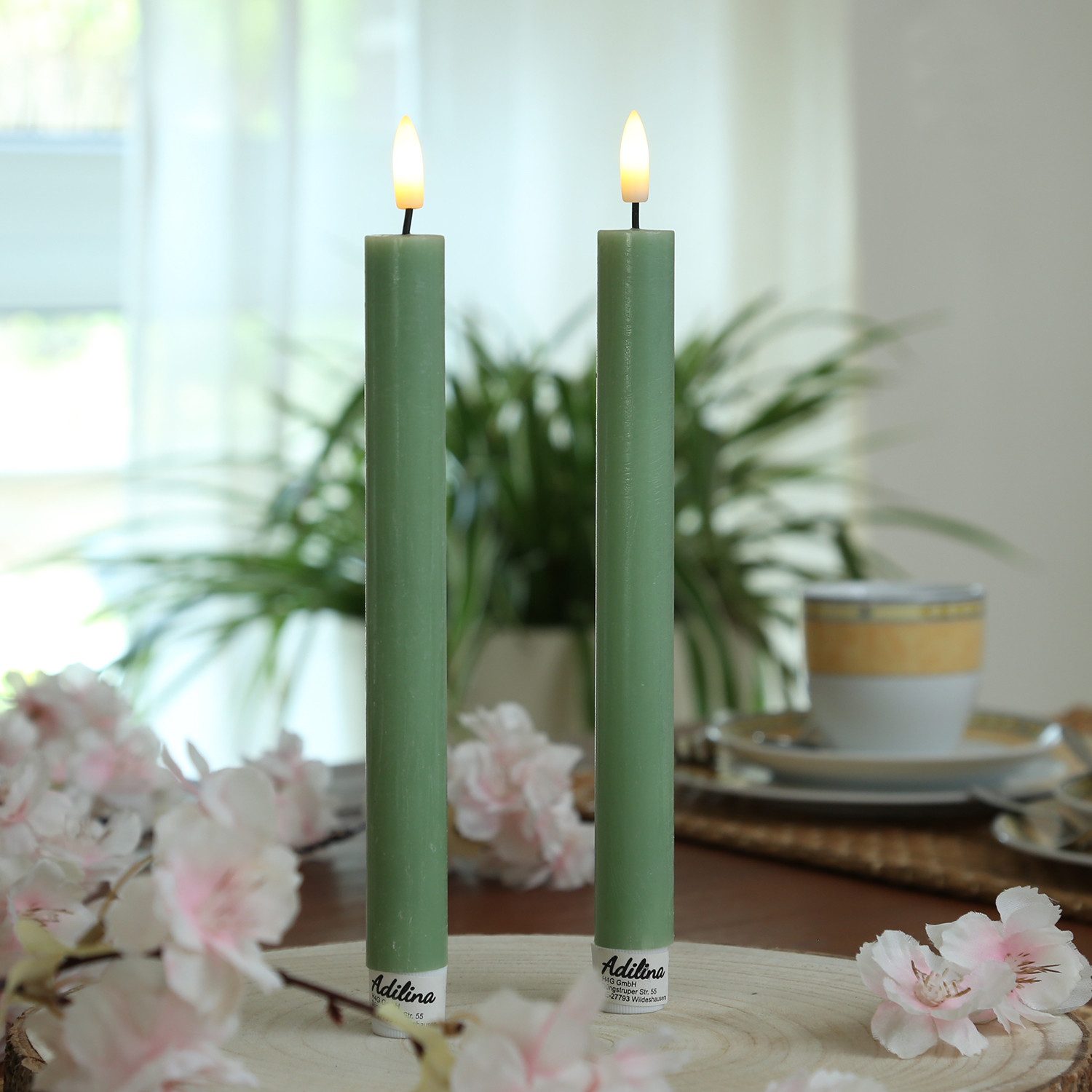 Adilina LED-Kerze LED Stabkerzen Tafelkerzen Dinner Spitzkerzen rustikal 24cm grün 2St (2-tlg)