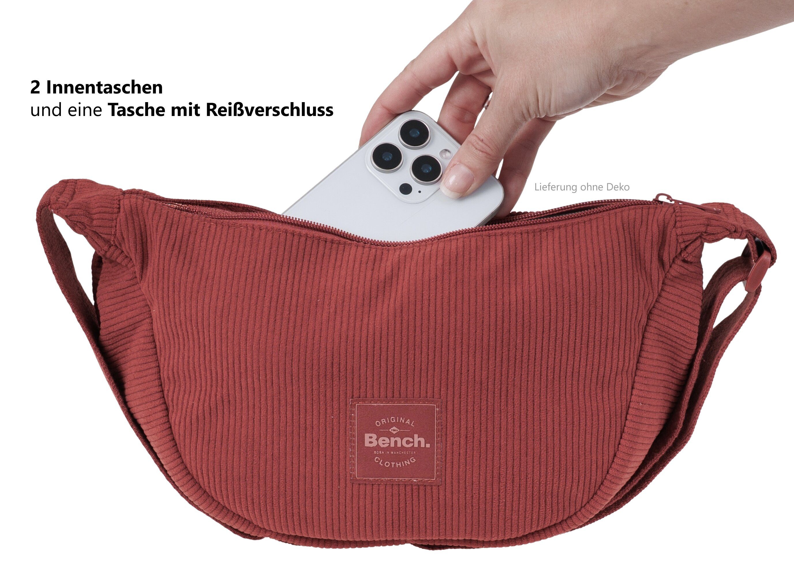 Bench. Handtasche Crossbag Moon Bag Schultertasche Slingbag Medium, Damentasche Damen Freizeittasche Mond Form Cord 64230 + Etui