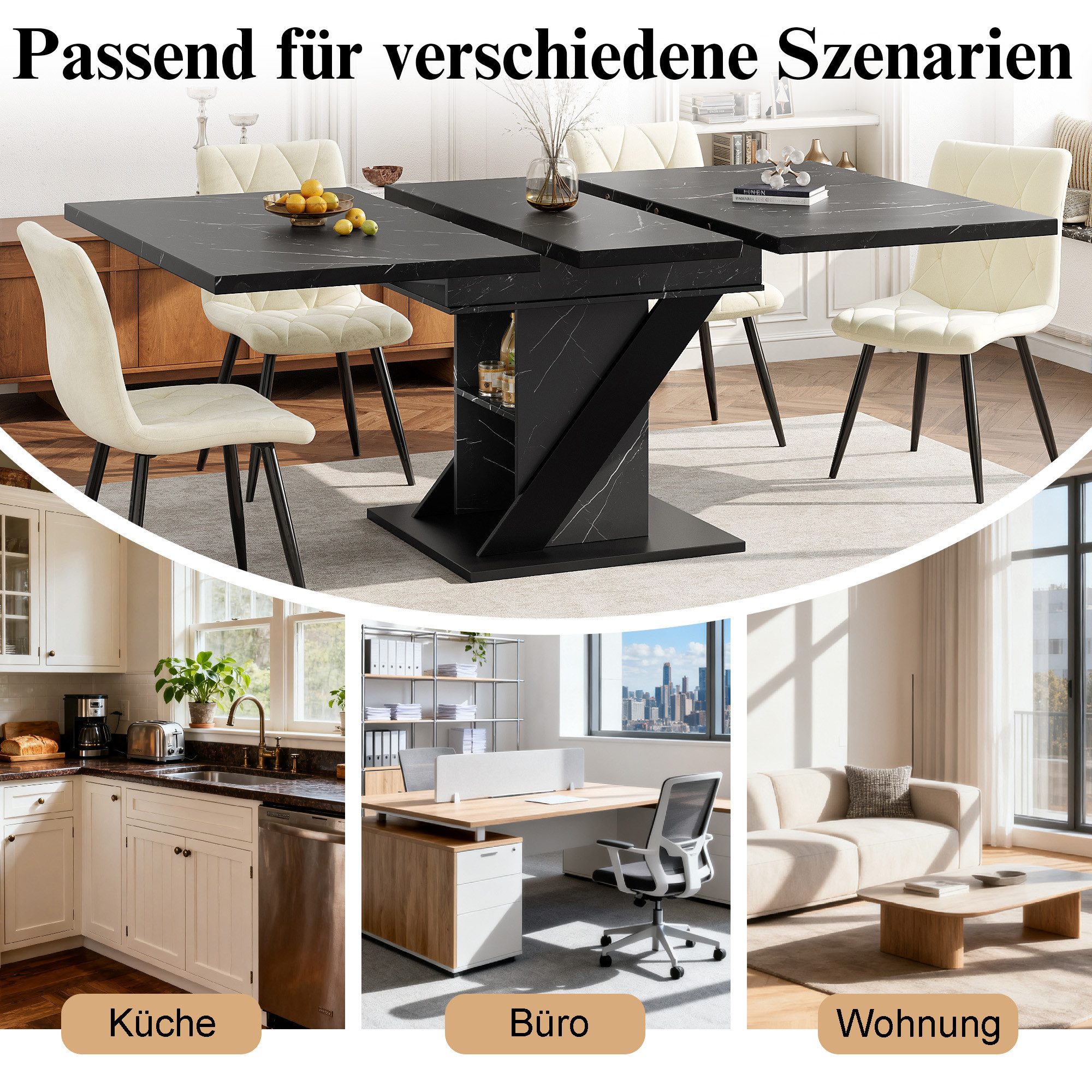 i@home Esstisch ausziehbarer Esstisch, Küchentisch (1 Tisch), Teleskoptisch(110-140×80cm),Esstisch in schwarzer Marmoroptik – Bild 3 von 5