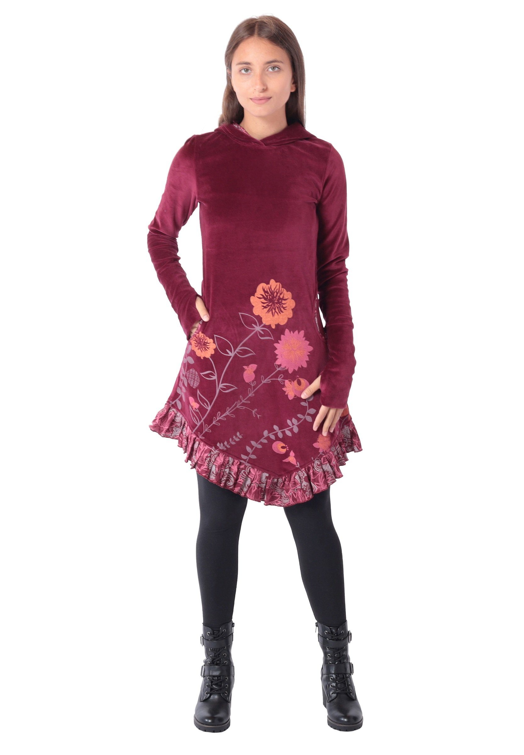 PUREWONDER Samtkleid Elfenkleid mit Zipfelkapuze und Blumen Baumwollsamt Kleid Nr. 15 Rot S Goa Kleid aus Samt