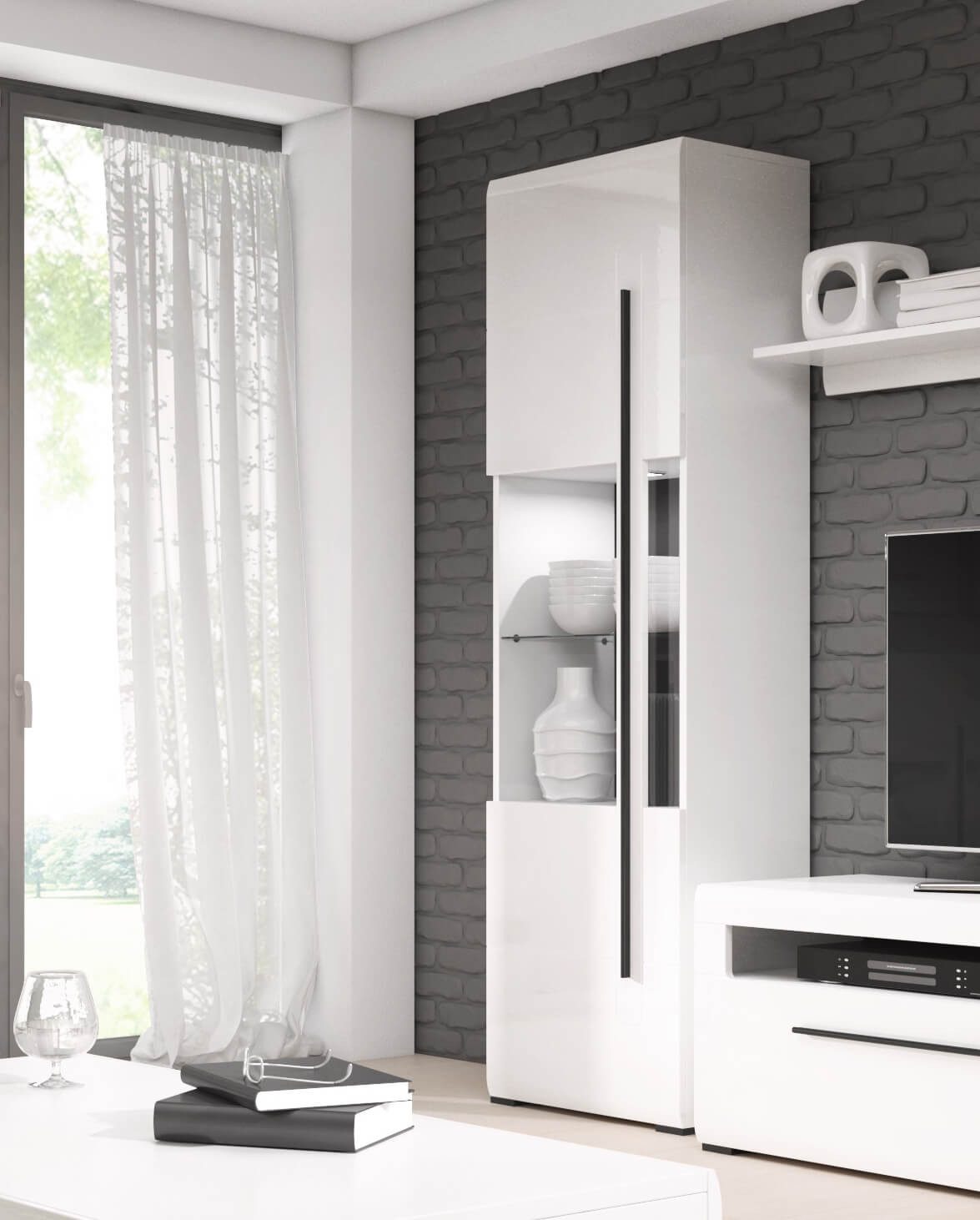 Helvetia Vitrine Vitrine TULSA (Toro) WM 2497FJ05 weiß/weiß Hochglanz #dv54 (Tulsa, 1-St) 60cm weiß / weiß Hochglanz 1-türig mit 1 Glasausschnitt