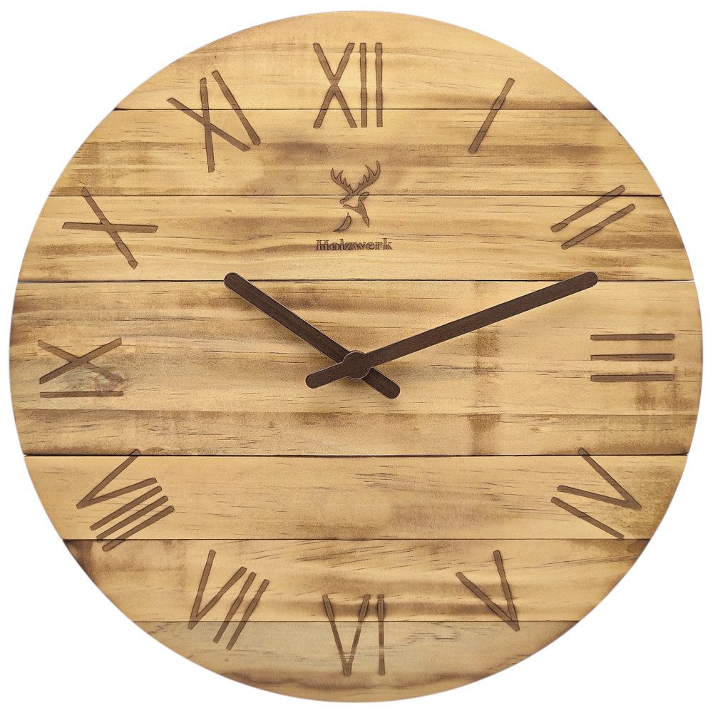 Holzwerk Wanduhr Designer Loft Quarzwanduhr aus Holz (Nahezu lautloses Uhrwerk, analog, 35 cm)