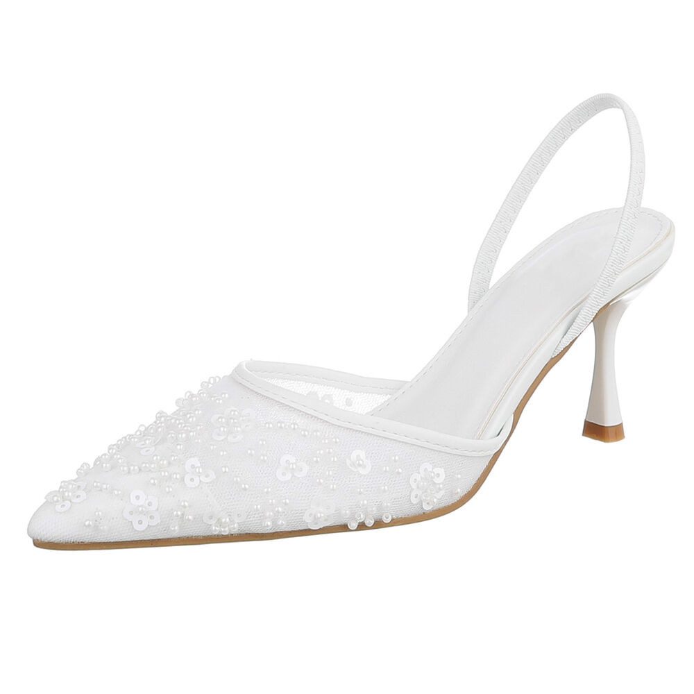 Ital-Design Damen Slingback-Pumps mit Blumenapplikation und Absatz Schnürpumps (92214449) Pfennig-/Stilettoabsatz Pumps in Weiß