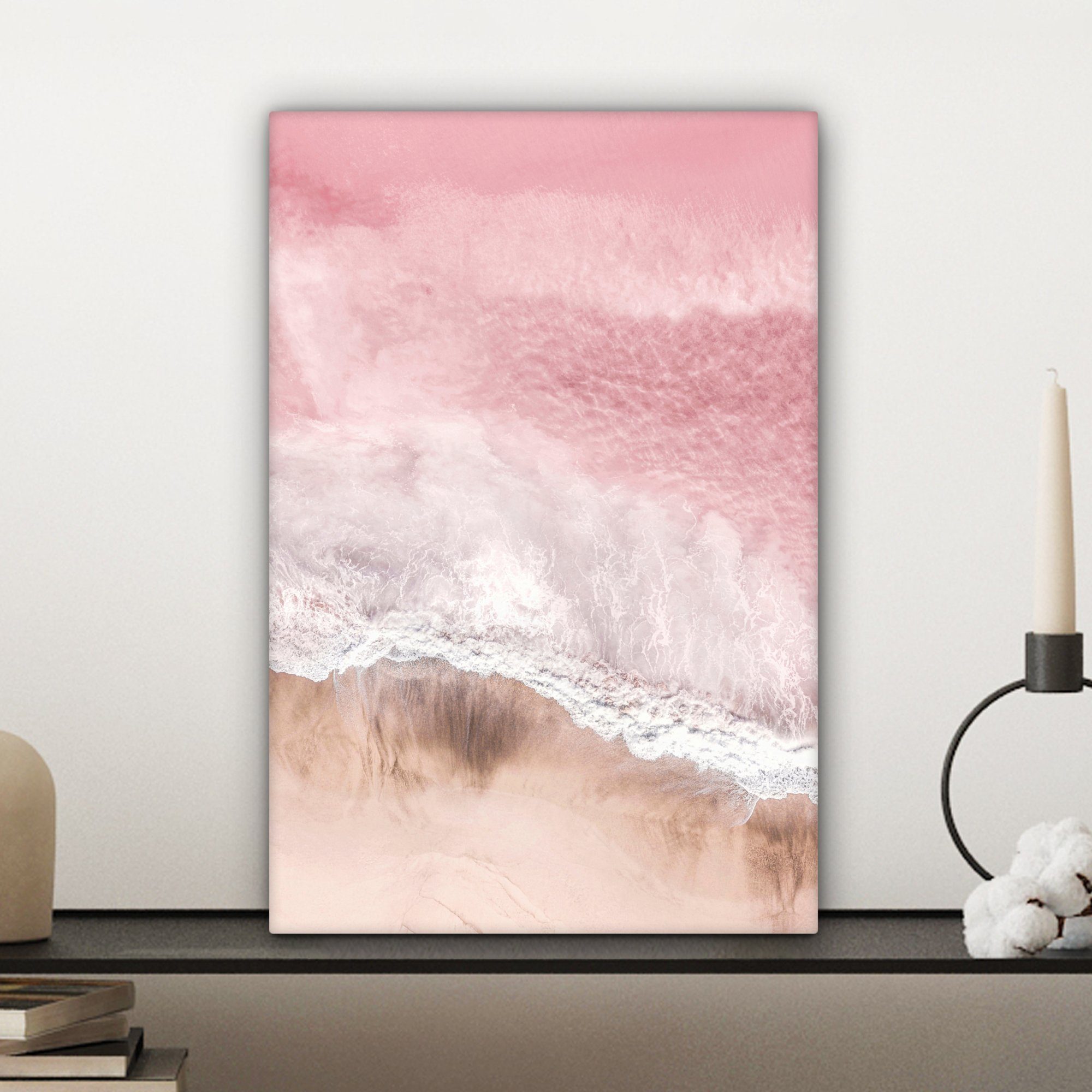 inkl. St), bespannt Leinwandbild cm Leinwandbild - Meer Strand 20x30 Zackenaufhänger, - - Gemälde, Natur, fertig OneMillionCanvasses® (1 Rosa