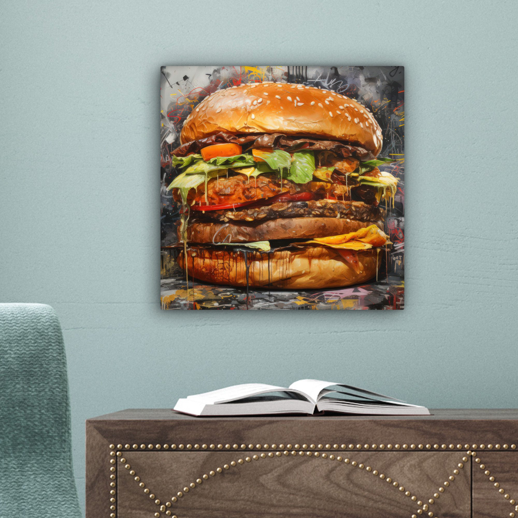 OneMillionCanvasses® Leinwandbild Burger - Essen - Kunst - Grau - Graffiti, Fotodruck (1 St), Wandbild, Deko Schlafzimmer Wohnzimmer Flur 20x20 cm – Bild 3 von 5
