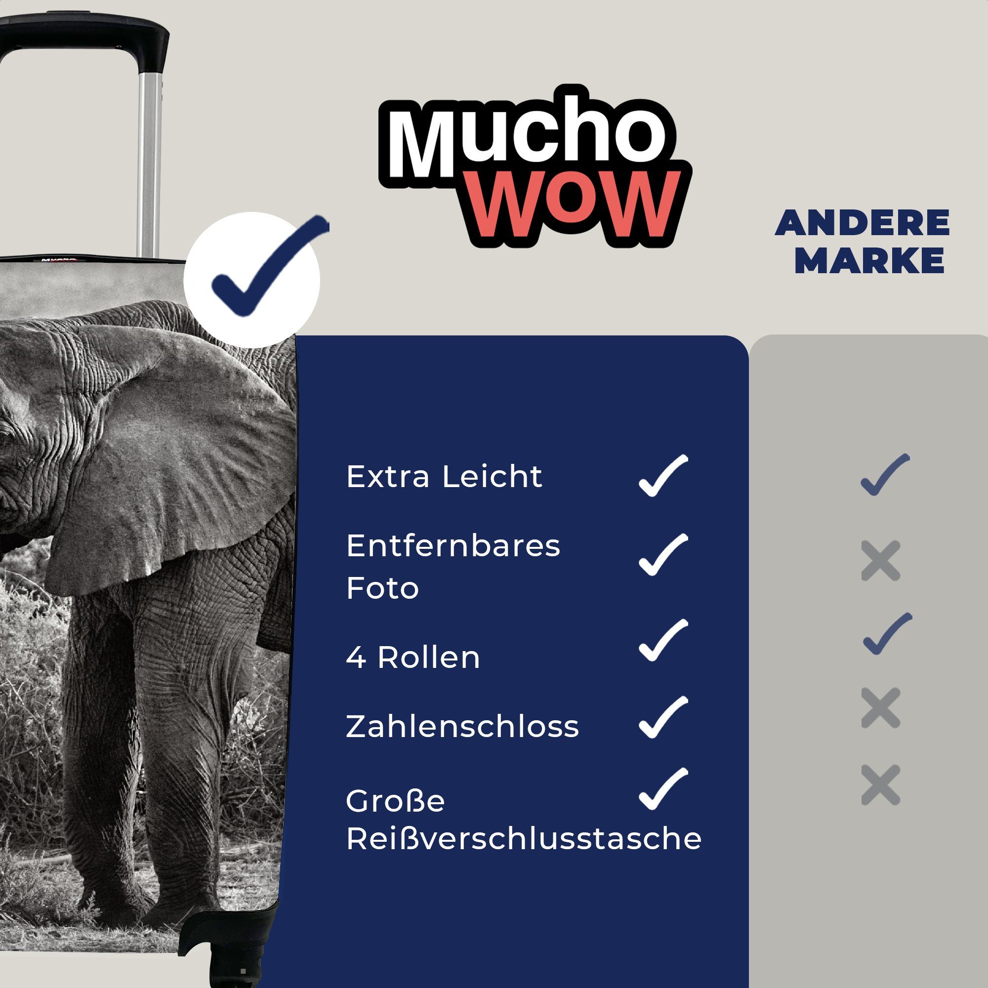 rollen, 4 - Reisekoffer Rollen, - Elefant Schwarz Tiere Ferien, Trolley, MuchoWow Handgepäckkoffer für - - Bäume mit Handgepäck Reisetasche Weiß,