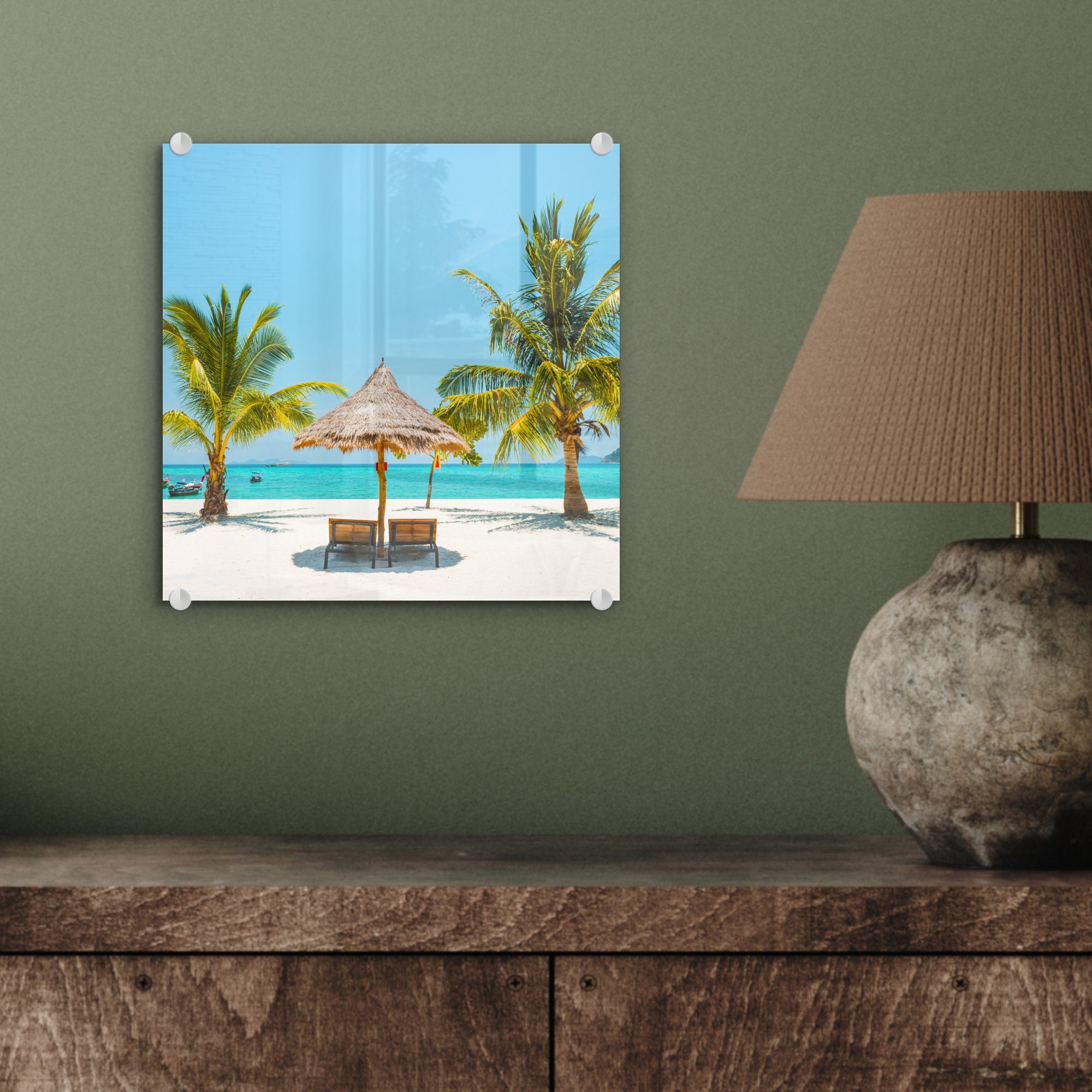 - Sonnenschirm Acrylglasbild Wanddekoration Glasbilder Wandbild auf Strand Foto - Glas - (1 St), Palme, Glas - auf Bilder MuchoWow -