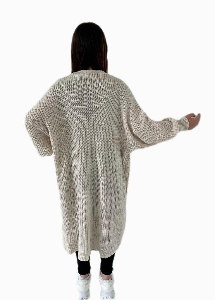 Strickjacke aufgesetzten Beige Taschen, mit Lang Maxi Cardigan Longstrickjacke Modisch MISS HELLO