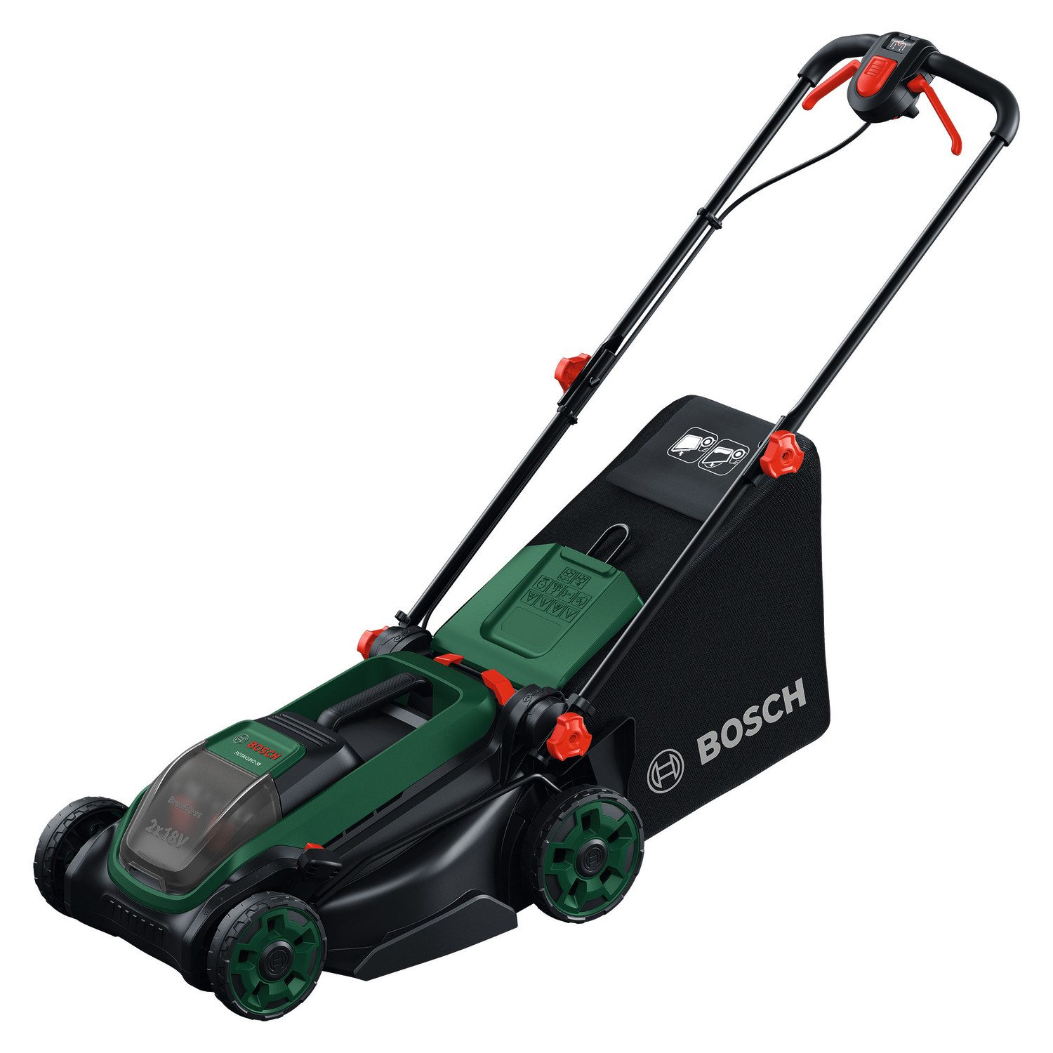 Bosch Home & Garden Akkurasenmäher Rotak 18V2-38, 38 cm Schnittbreite, (inkl. 2 Akkus und Ladegerät), Kraftvoller 3-in-1-Mäher für mittelgroße bis größere Rasenflächen