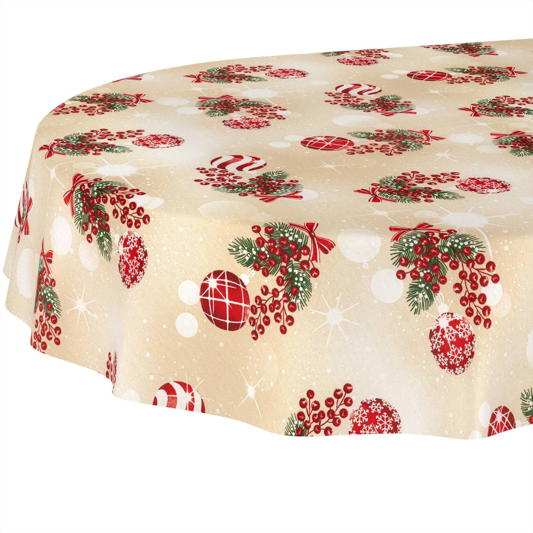 ANRO Tischdecke Weihnachten abwaschbare Weihnachtstischdecke (Einzelstück 1-tlg), Schmutzabweisend Weihnachten Beige Oval 160x140cm